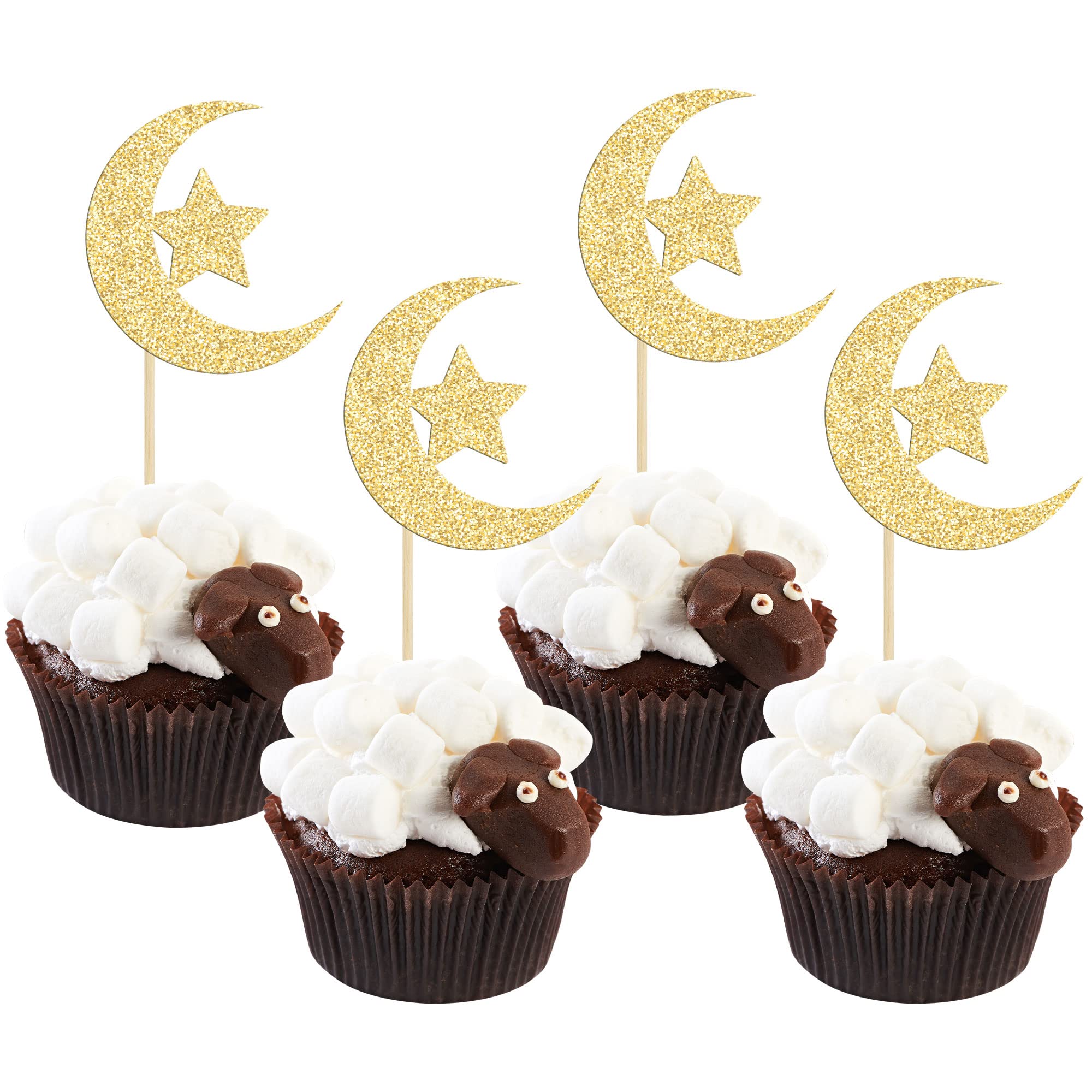 Gyufise 24 Decorazioni Per Cupcake Eid Mubarak, Tema Luna E Stella Con Glitter Oro, Perfette Per Ramadan E Feste Musulmane