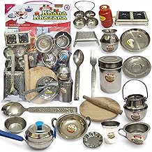 SHAKTISM Steel Kitchen Set Toys for Kids, Role Playing Kitchen Set of Stainless Steel with Wooden Chakla Belan Set, Master Chef Role Playing Kitchen Set Master Chef for Kids (Kitchen Set No-04)