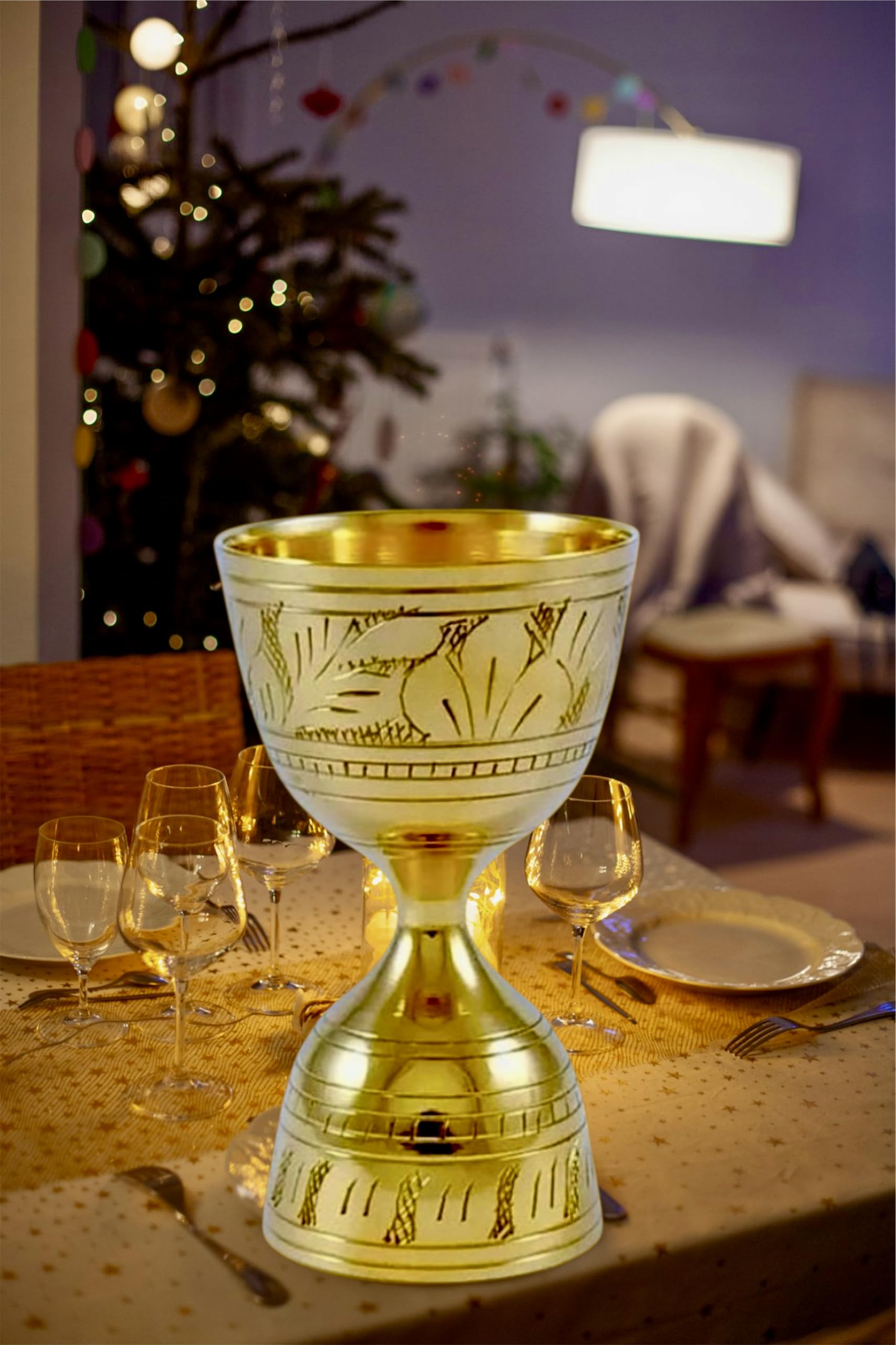 Elegant Gold-Plated Hourglass Chalice with Etched Nature Design, Decorative Double Cup Display Piece, Holiday Table Centerpiece 2