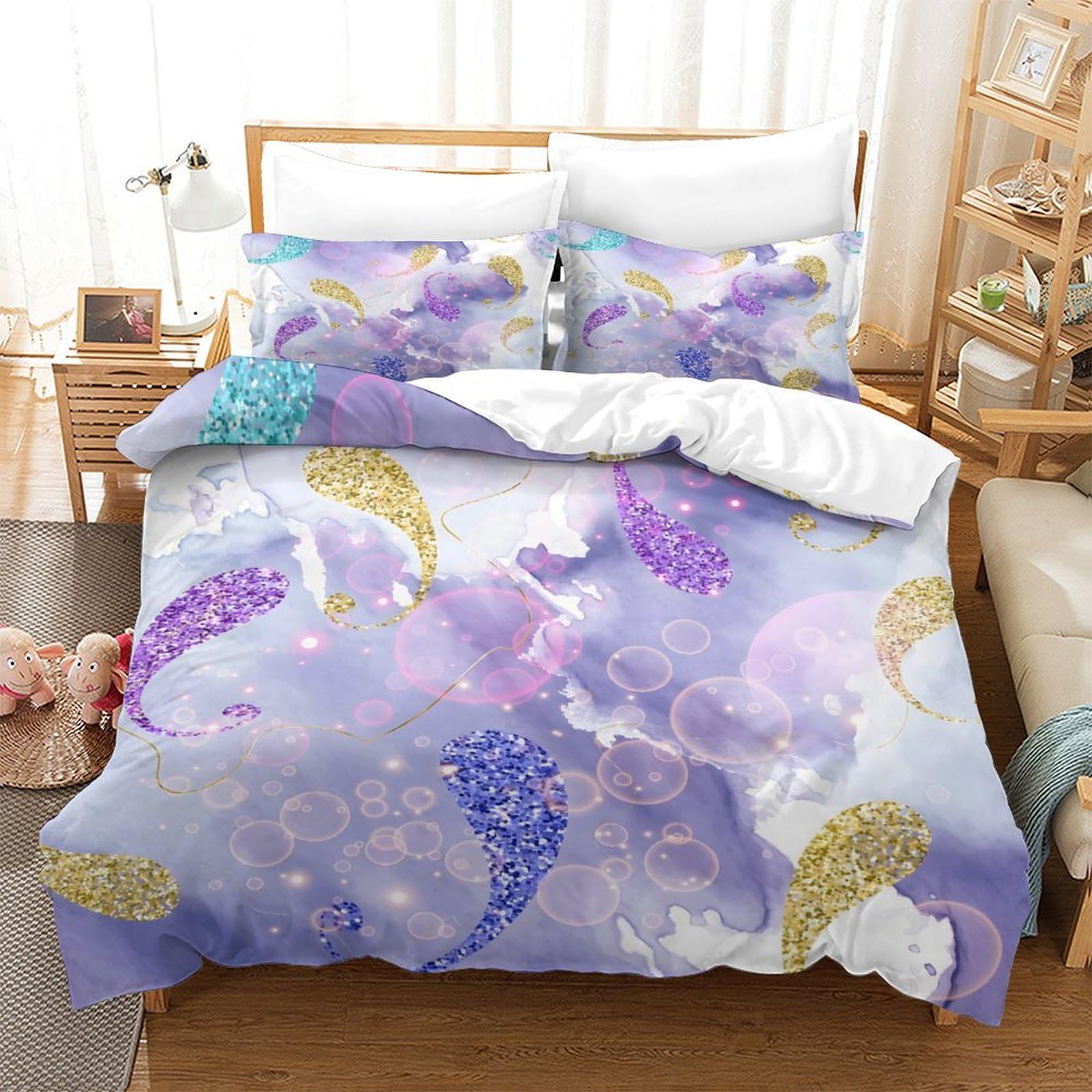 LIAOHENKAN Gold Glittery Paisley Flowers 3Pcs Full Size Comforter Set for Teens Boys Girls Ultra Soft Bedding Set with Zipper Closure Breathable Duvet Cover Set Room Decor Super King（260x220cm）