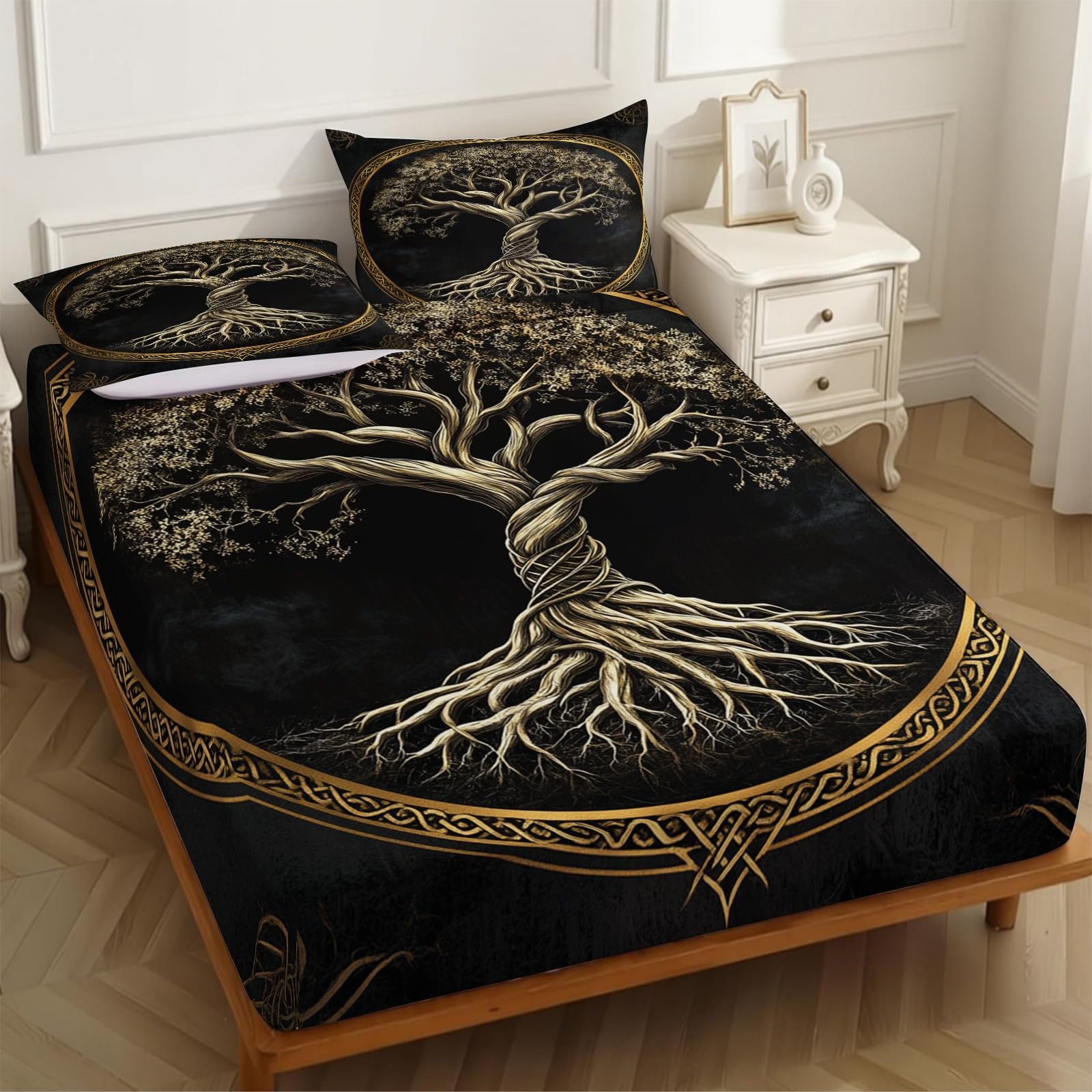 Lenzuolo con Angoli 180 x 200 cm Microfibra Albero della vita retrò Lenzuolo Sotto Elasticizzato Profondo 25 cm marrone per Singolo e Matrimoniale