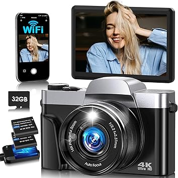 4K Digital Camera for Photography with WiFi,64MP Autofocus Vlogging Camera for YouTube,3'' 180° Flip Screen Compact Travel Camera for Teens with 32GB SD Card,16X Zoom,Anti-Shake,2 Batteries(Black)