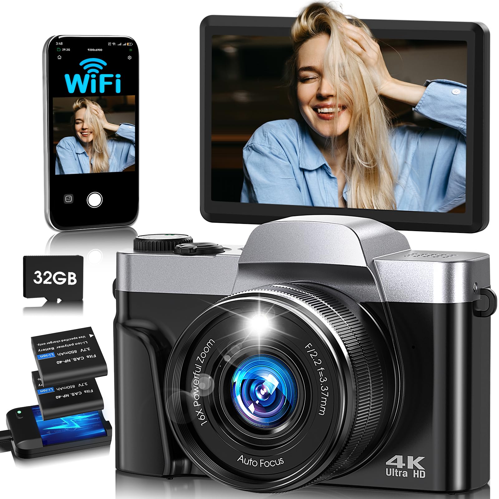 4K Digital Camera for Photography with WiFi,64MP Autofocus Vlogging Camera for YouTube,3'' 180° Flip Screen Compact Travel Camera for Teens with 32GB SD Card,16X Zoom,Anti-Shake,2 Batteries(Black)