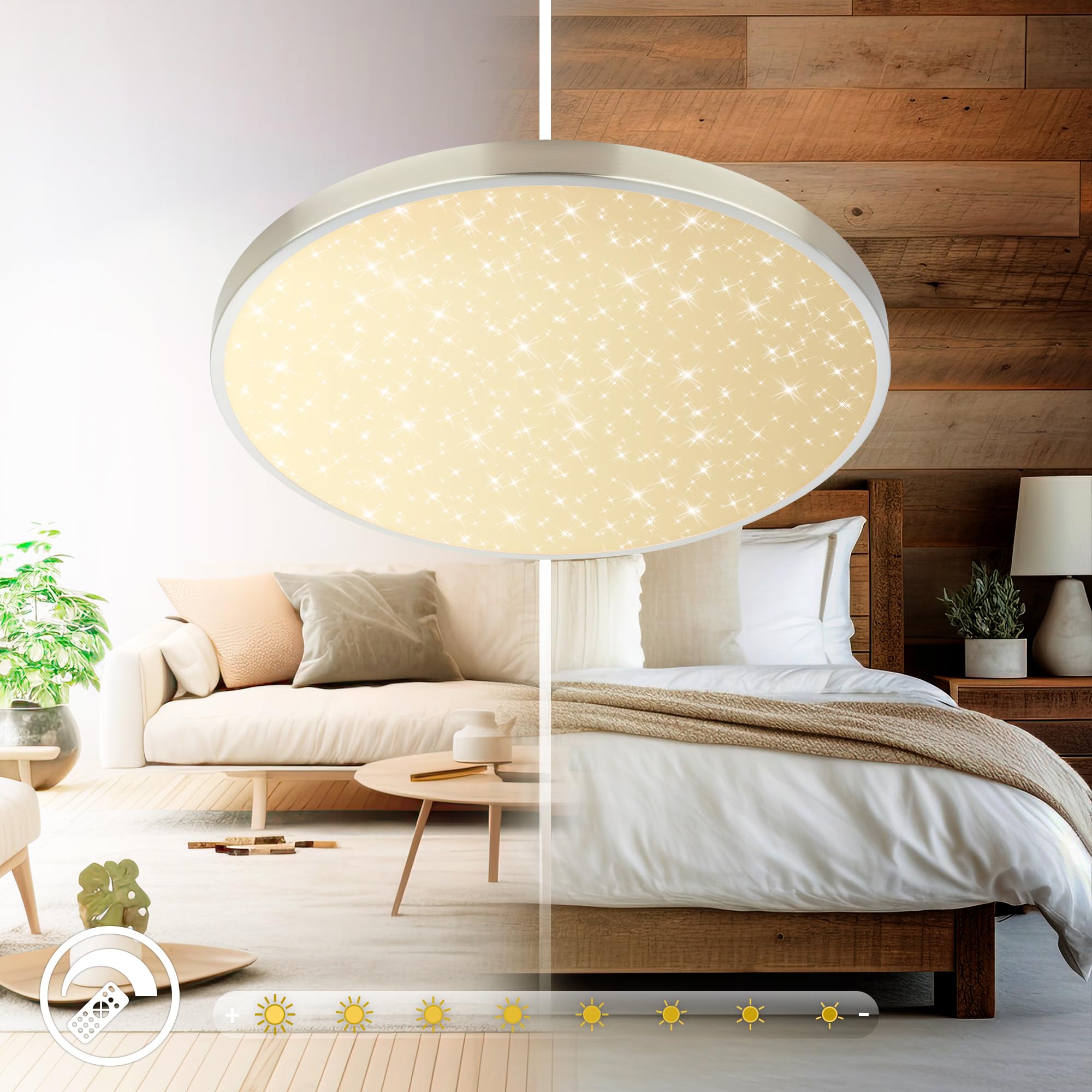 Briloner - Plafoniera LED, dimmerabile, CCT, paralume decorativo, cielo stellato, lampada soffitto, 38 x 6,5 cm, nichel opaco