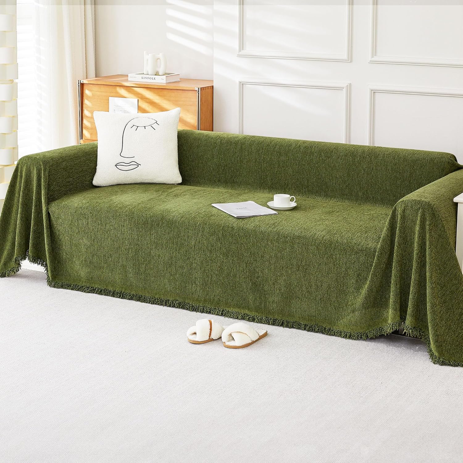 Throws for Sofas Large 180x300 cm Green Water Repellent Sofa Throw Blanket Soft Herringbone Chenille Tassels Blankets for Bed Settees Chair Slipcover 1 2 3 4 Seater Couch Cover