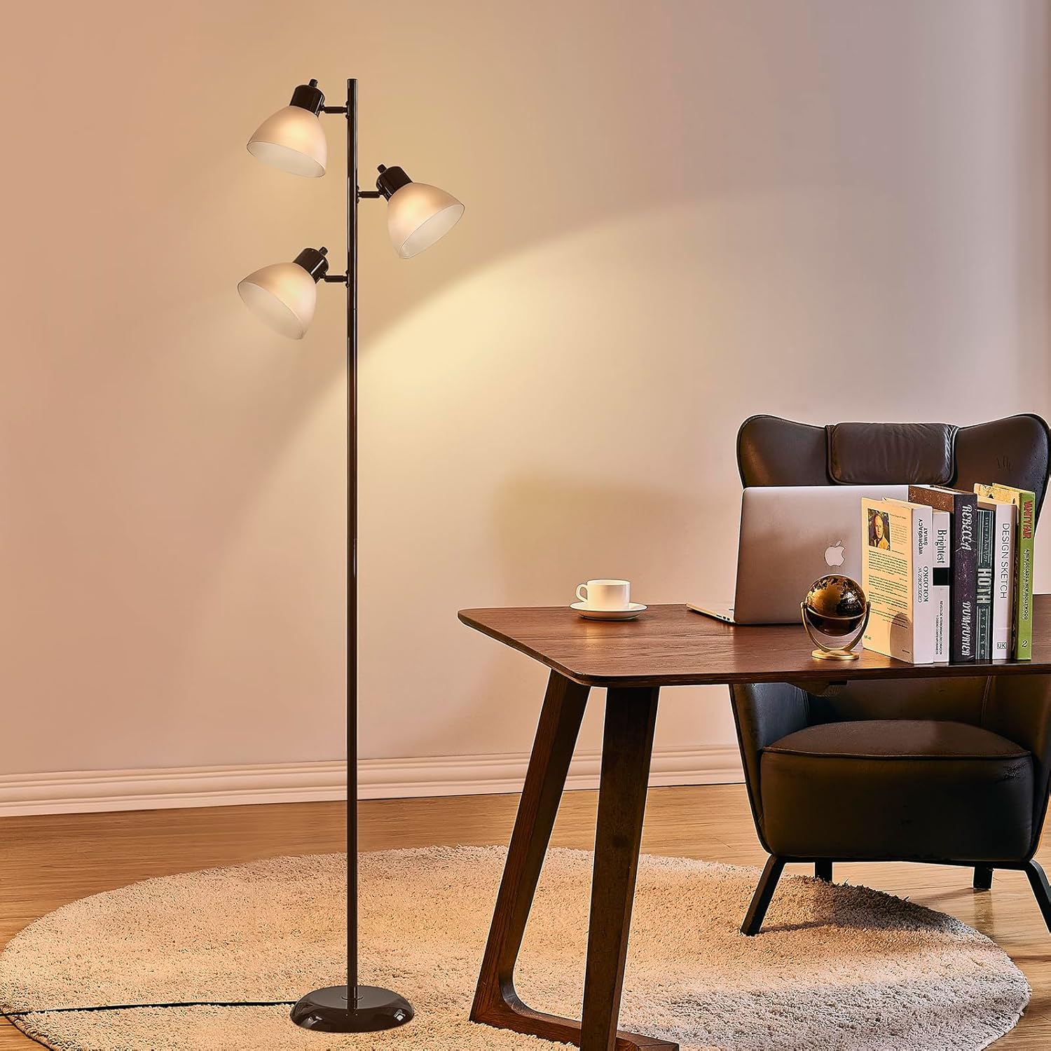 Modern Tree Floor Lamp for Living Room Bedroom, Tall Pole Standing Lamps with 3 Adjustable Rotating Heads for Office, Decor Corner, Reading Indoor, 3 Bright Lights LED Bulbs Included (Brown)