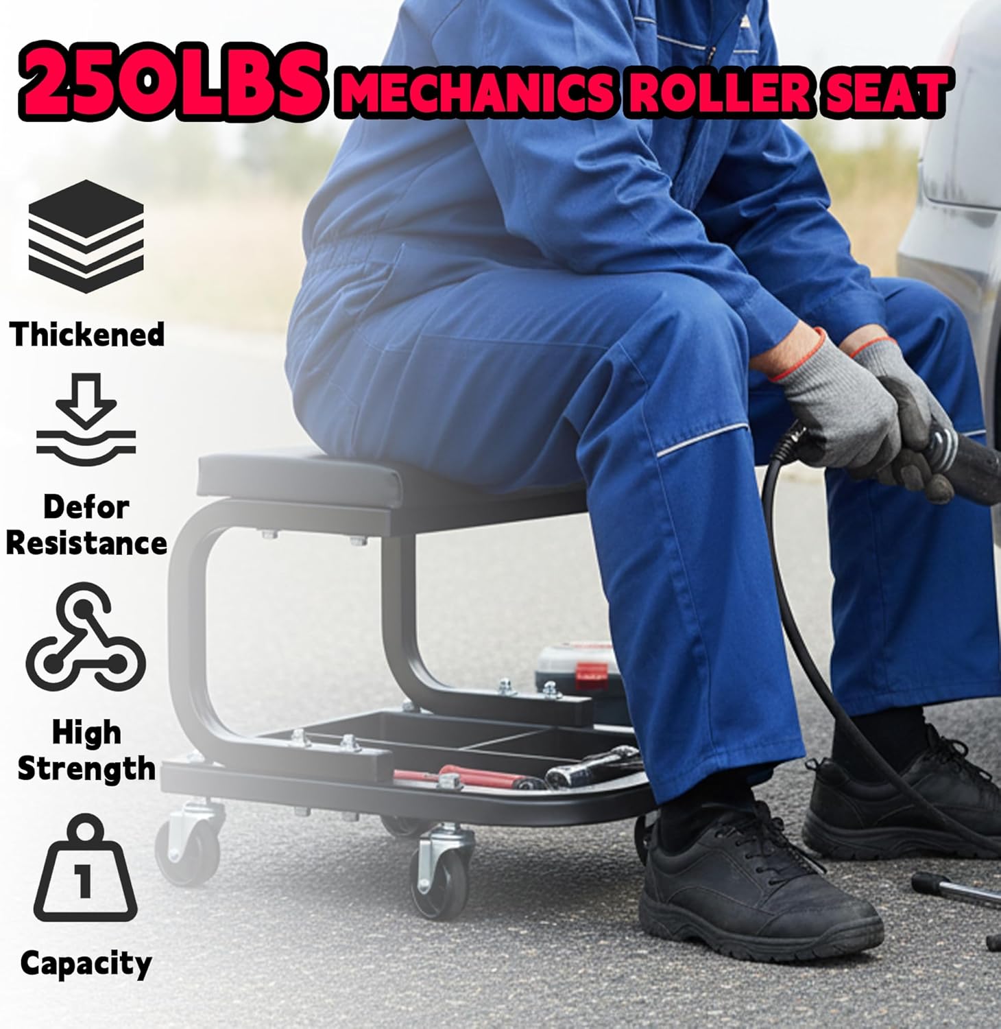Mechanic Rolling Stool with Wheels for Garage, Garage Stool on Wheels with Tool Tray Storage, Work Stools, Shop Creeper, Mechanic Chair with Wheels, Auto Repair, 300 Lbs Capacity