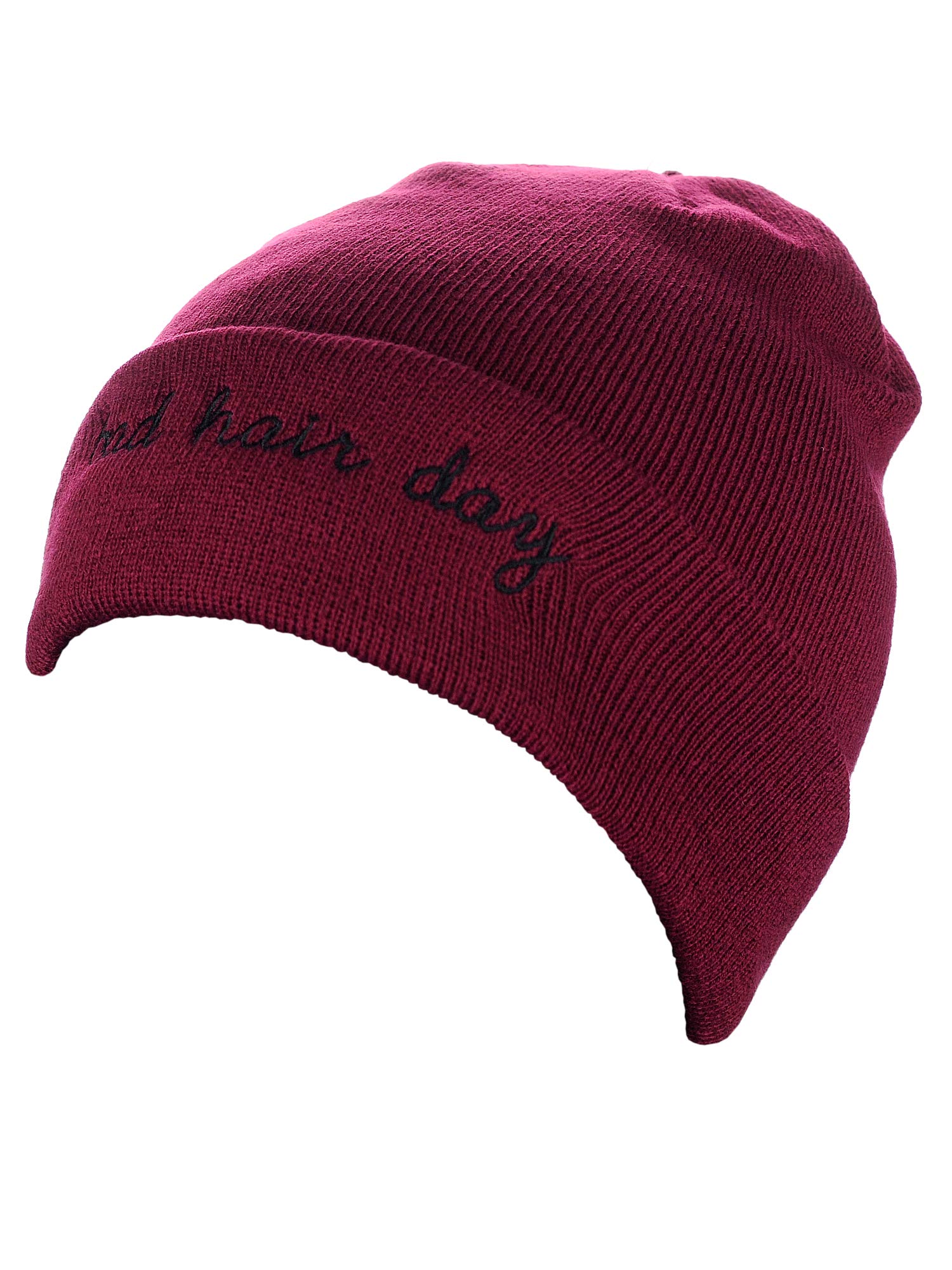 D&Y Double Layered Cuffed Beanie with Bad Hair Day Embroidery, Burgundy