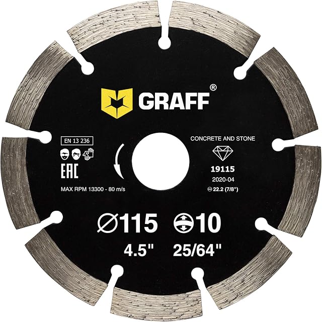 GRAFF 115mm Diamond Disc for Angle Grinder - Diamond Cutting Wheel for Dry and Wet Cutting Stone, Marble, Granite, Brick, Masonry, Concrete & Curb - Diamond Saw Blades Segment Height 10 mm