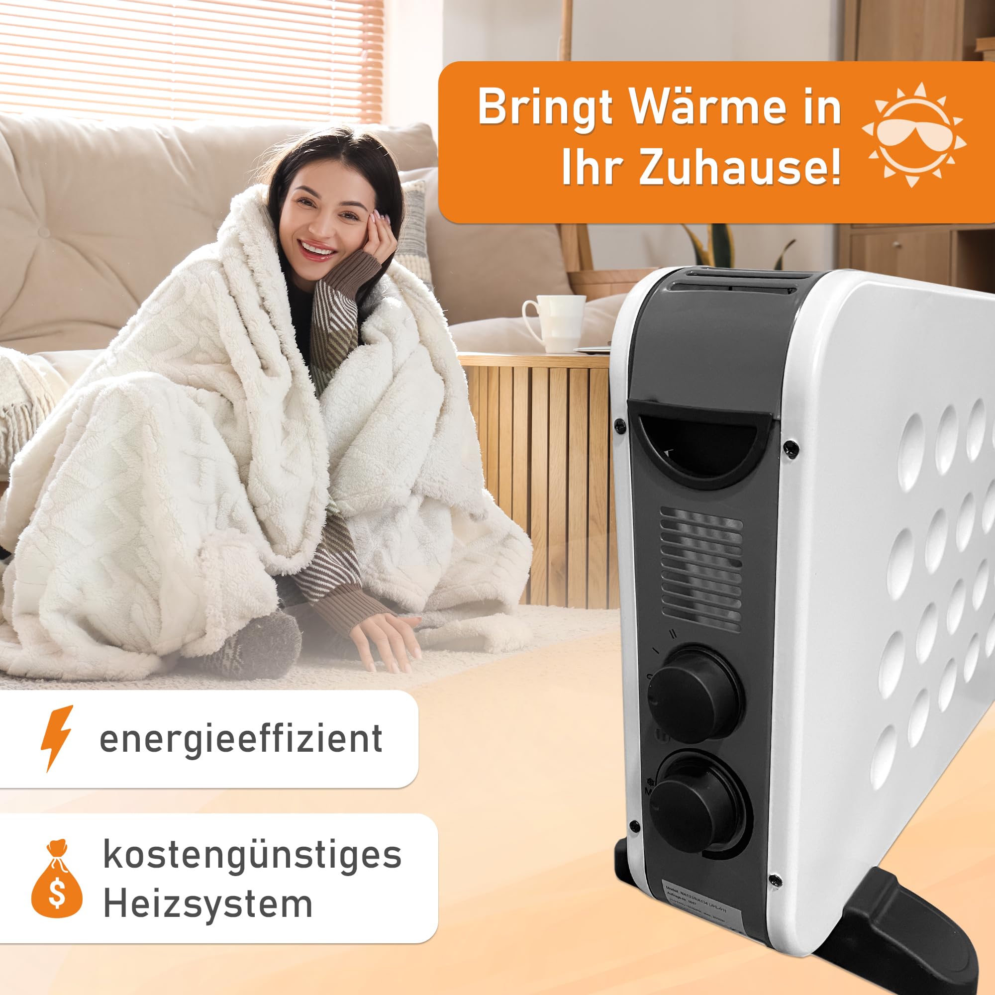 Lemodo Elektroheizung mobil, energiesparende elektrische Konvektor Heizung mit Thermostat, 2 Heizstufen 1250W / 2000W, leiser Heizkörper ohne Gas, Standgerät für Wohnung Büro Bad, Überhitzungsschutz