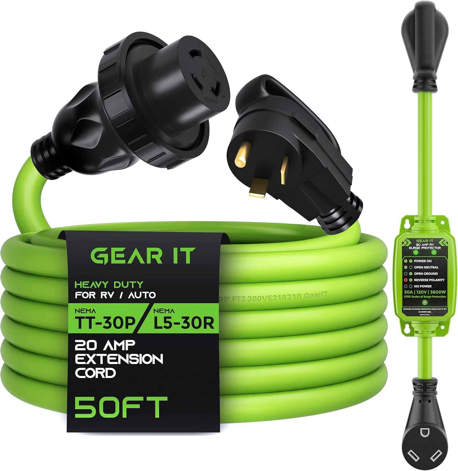 GearIT 30A RV Extension Cord (50ft) 3-Prong NEMA TT-30P to L5-30R and 30A Surge Protector (2700 Joules)