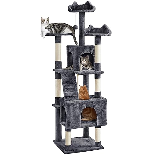 Yaheetech XL Cat Tree, 72in Multi-Level Cat Tower with 2 Cozy Caves, 3 Soft Perches, Scratching Posts, Board, and Dangling Ball, Pet Furniture Play House for Kittens/Cats, Dark Gray - Dark Gray