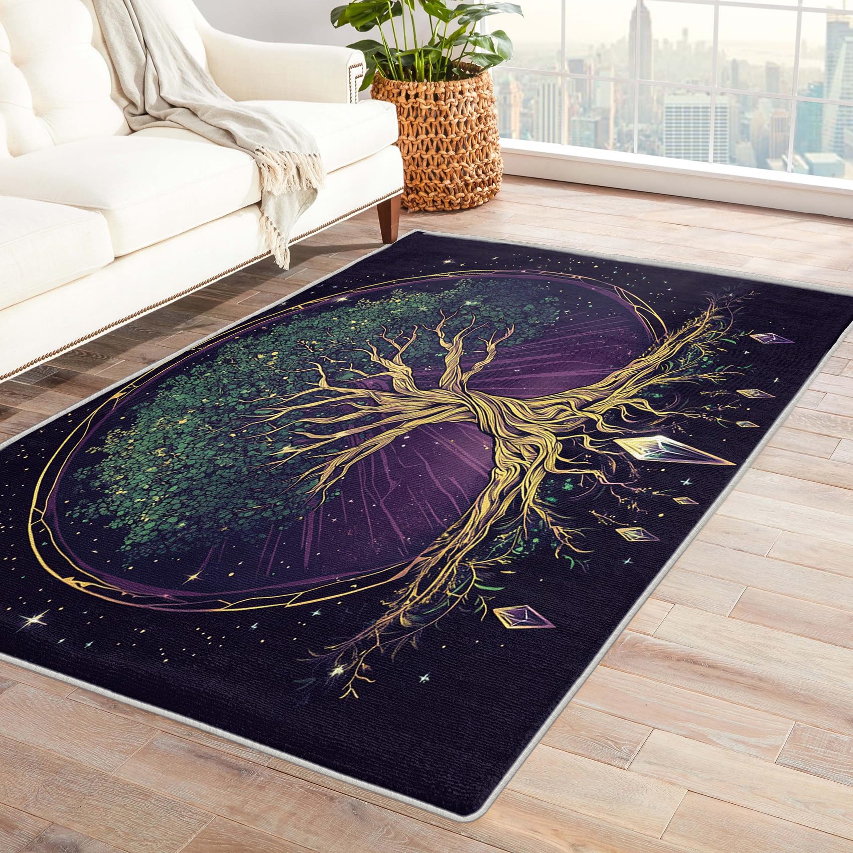 XylQfirus Celtic Tree of Life Area Rugs Washable 4x5 Rugs, Viking Starry Sky Rugs for Bedroom, Norse Mythology Carpet for Living Room, Low Pile Soft