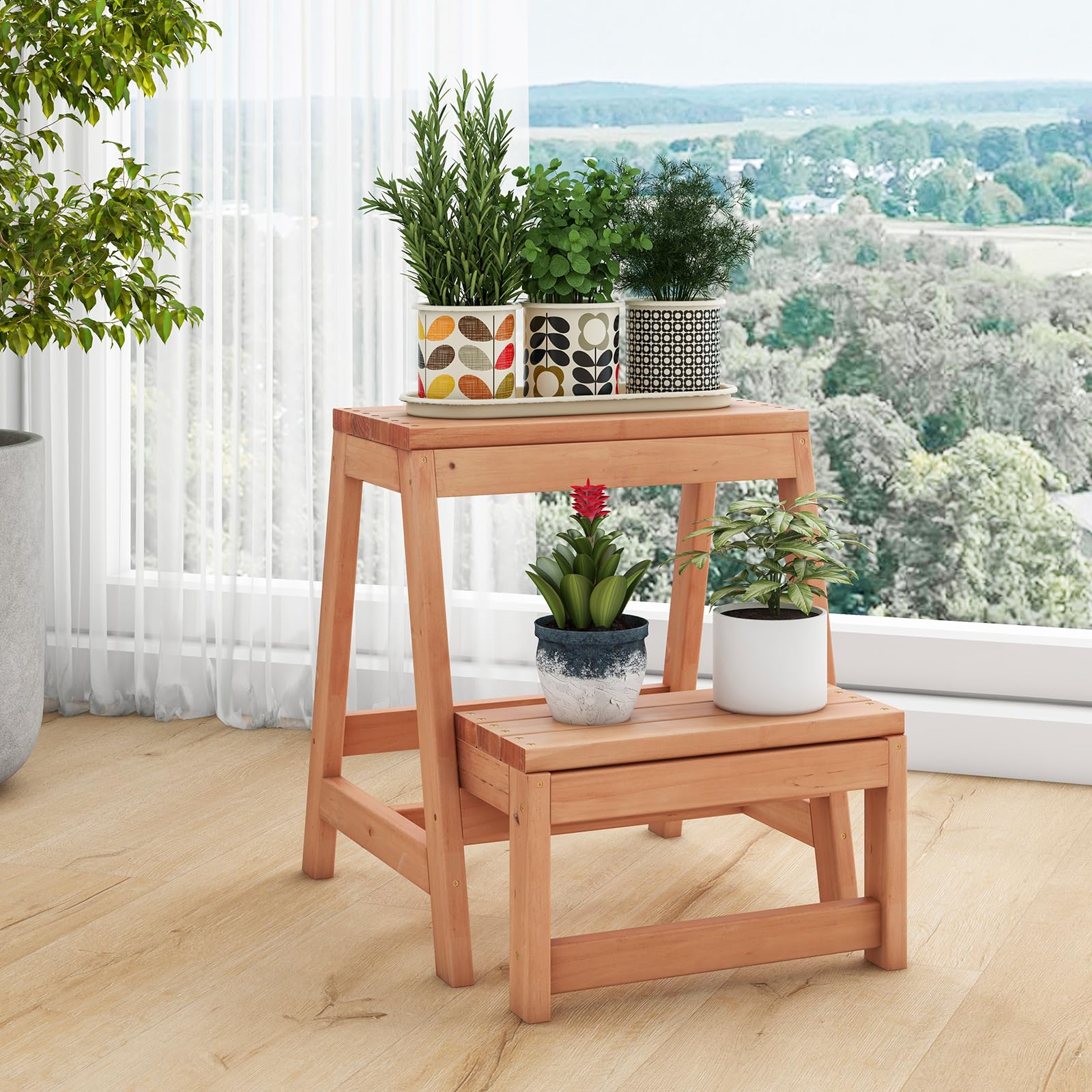 COSTWAY Escalera Plegable, Escalera Multifuncional de 2 Peldaños de Madera, Taburete Escalera Plegable para Niños y Adultos, Soporte para Plantas para Cocina, Dormitorio, Natural