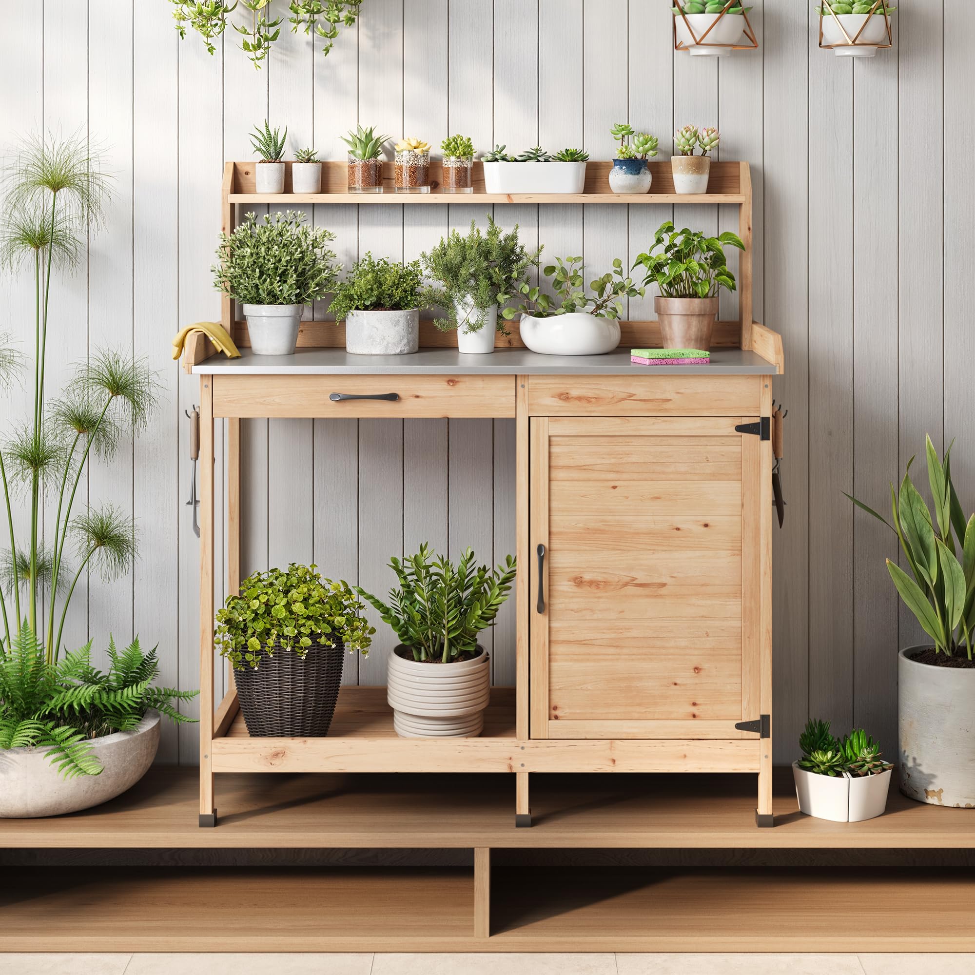 Table de Jardinage Bealife pour Plantes avec Banc, 111,6 x 46,5 x 125 cm, Naturel