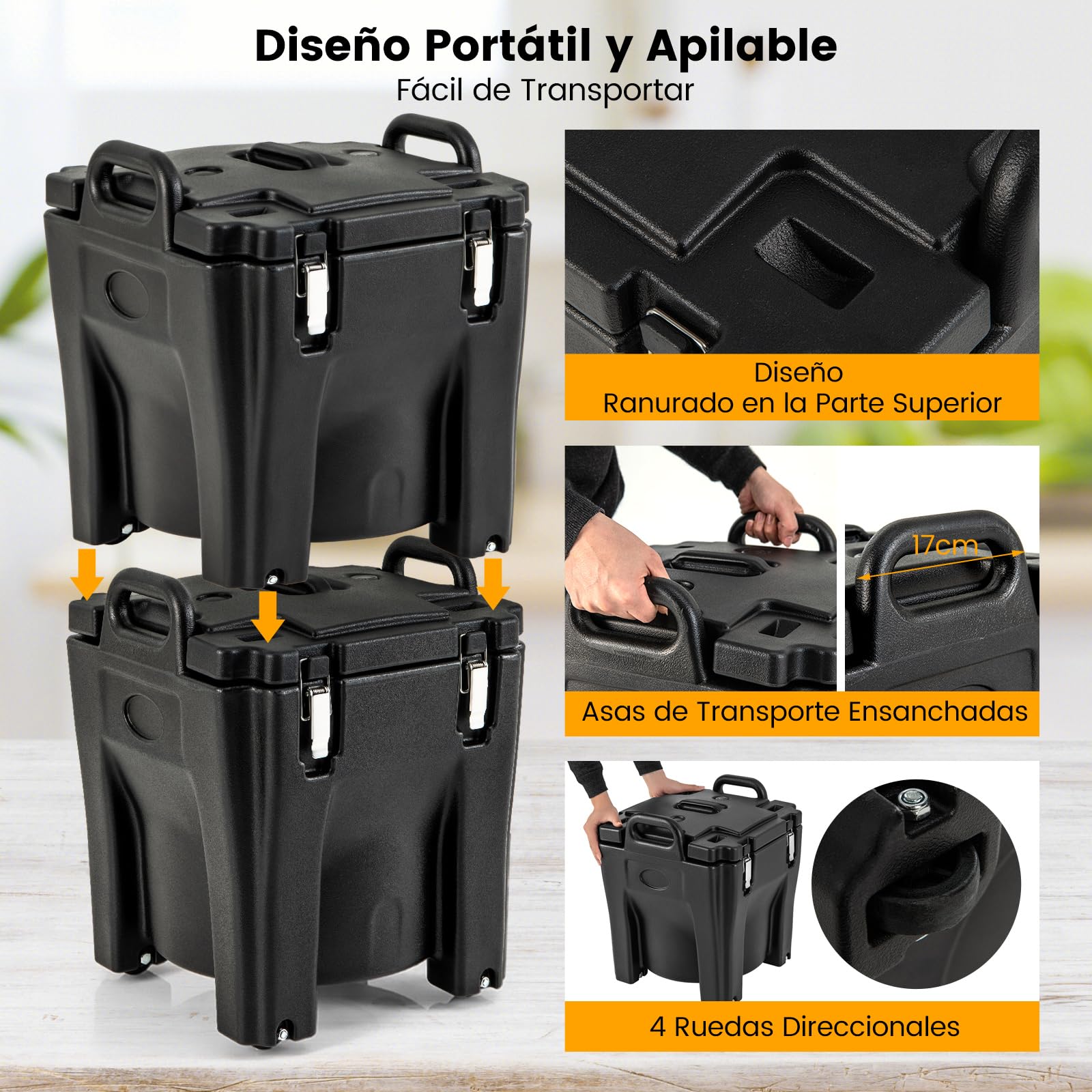 COSTWAY 30 L Contenedor Isotérmico, Recipiente para Calentar Alimento con Barril de Acero Inoxidable, Mantener Calor y Frío Durante 6H, Ruedas con Freno y 2 Asas, Calentador de Sopa para Fiesta