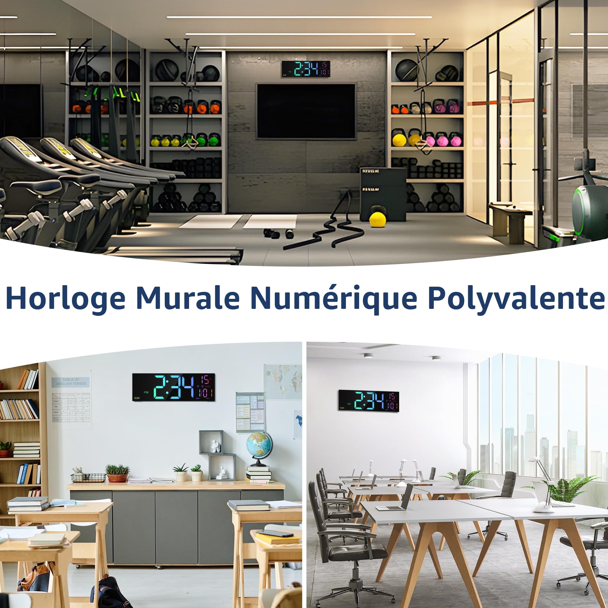 HAITANG Grande Horloge Murale Numérique 16" RVB LED Double Alarme Télécommande Température