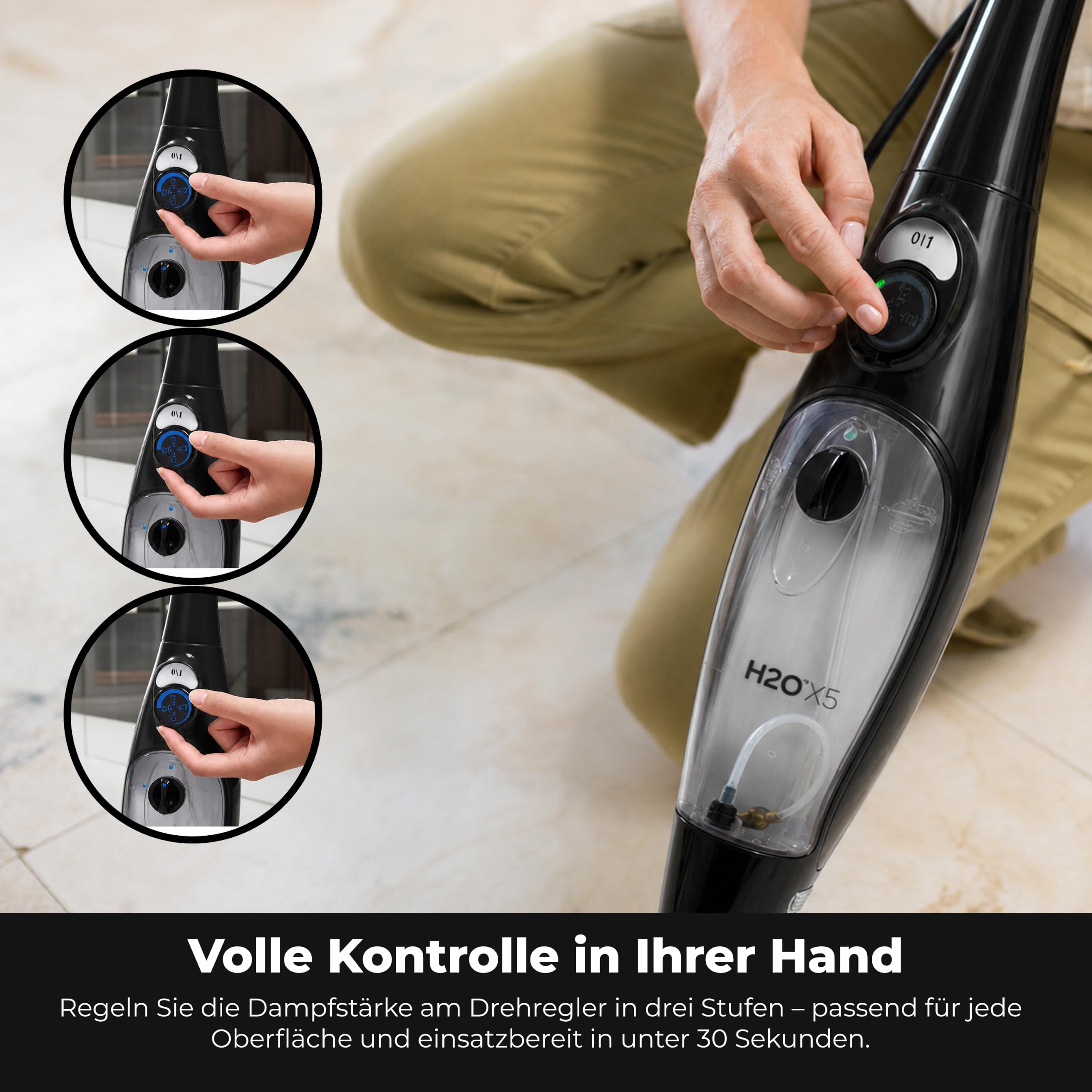 H2O X5® Dampfbesen & Handdampfreiniger – Hygienische Reinigung ohne Chemie – 12-tlg. Zubehör – 1300W (Schwarz)