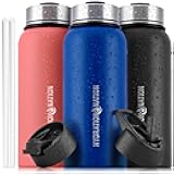 3 Lid Multi-Size Vacuum Insulated Water Bottles with Straw - Metal Water Bottle For Sports & Outdoor - Thermo Stainless Steel Water Bottle - Perfect for Hot & Cold Drinks (Blue)