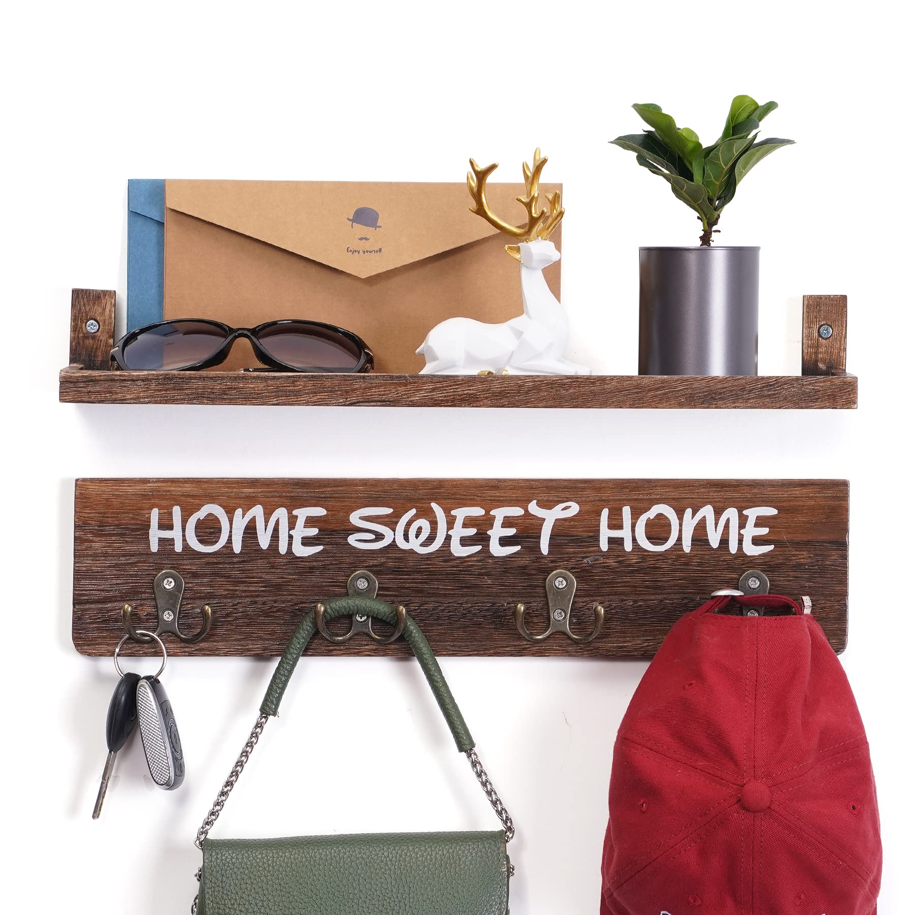 2 in 1 Key Holder for Wall with Shelf, Farmhouse Decorative Key Rack with 4 Double Key Hooks, Rustic Home Decor for Entryway, Bathroom, Kitchen (Brown)