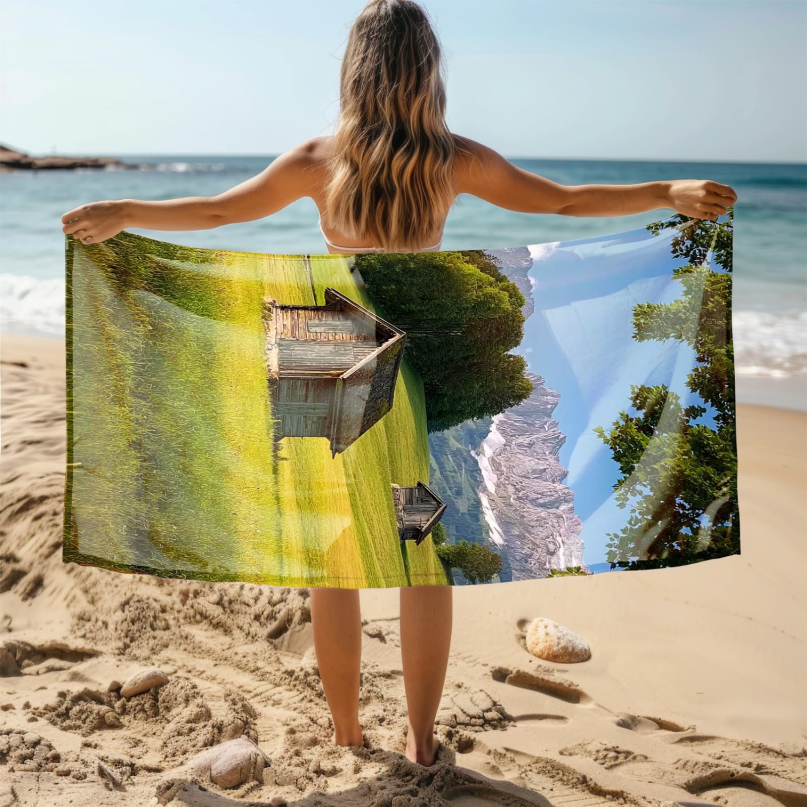 Générique Serviette de Plage 100X200 Maison Marron Lumière Verte Serviette Bain Microfibre Anti Sable Grande Couverture Plage Absorbante Rapide pour Piscine Yoga Sport