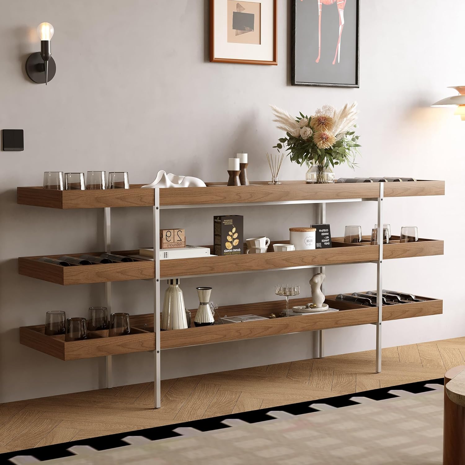 Modern 3-Tier Storage Shelf, 78.7" Long Open Display Rack with Metal Frame & Walnut Finish, Industrial Floating Shelf Organizer for Living Room, Kitchen, or Dining Area