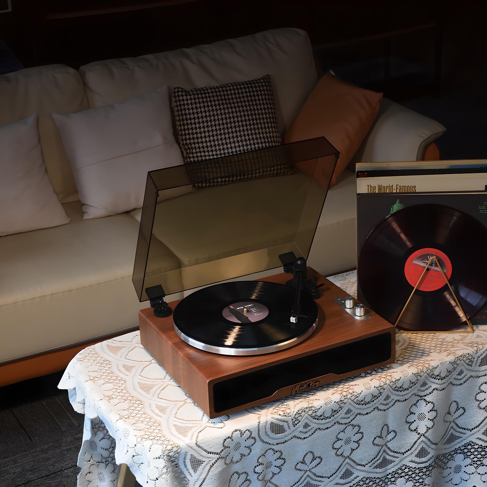 Giradischi Bluetooth retrò con 4 altoparlanti integrati e arresto automatico, classico giradischi in vinile per LP da 7/10/12", uscita AUX/RCA e orologio LED, ideale per la decorazione della casa
