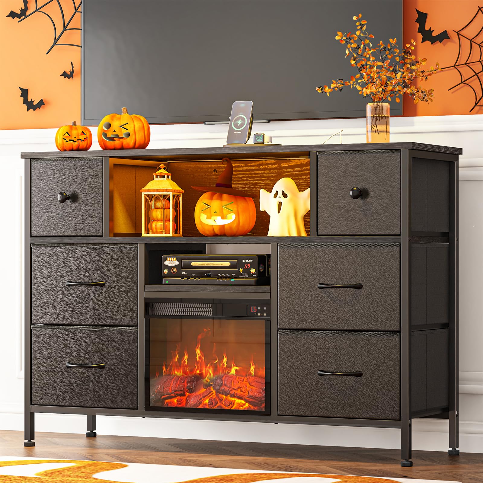 Amazon.com: YGEOMER TV Stand with Fireplace, Entertainment Center with  Power Outlets and LED Lights, TV Stand Dresser for 50 inch TV, 6 Drawers  with Open Shelves, for Living Room, Black : Home