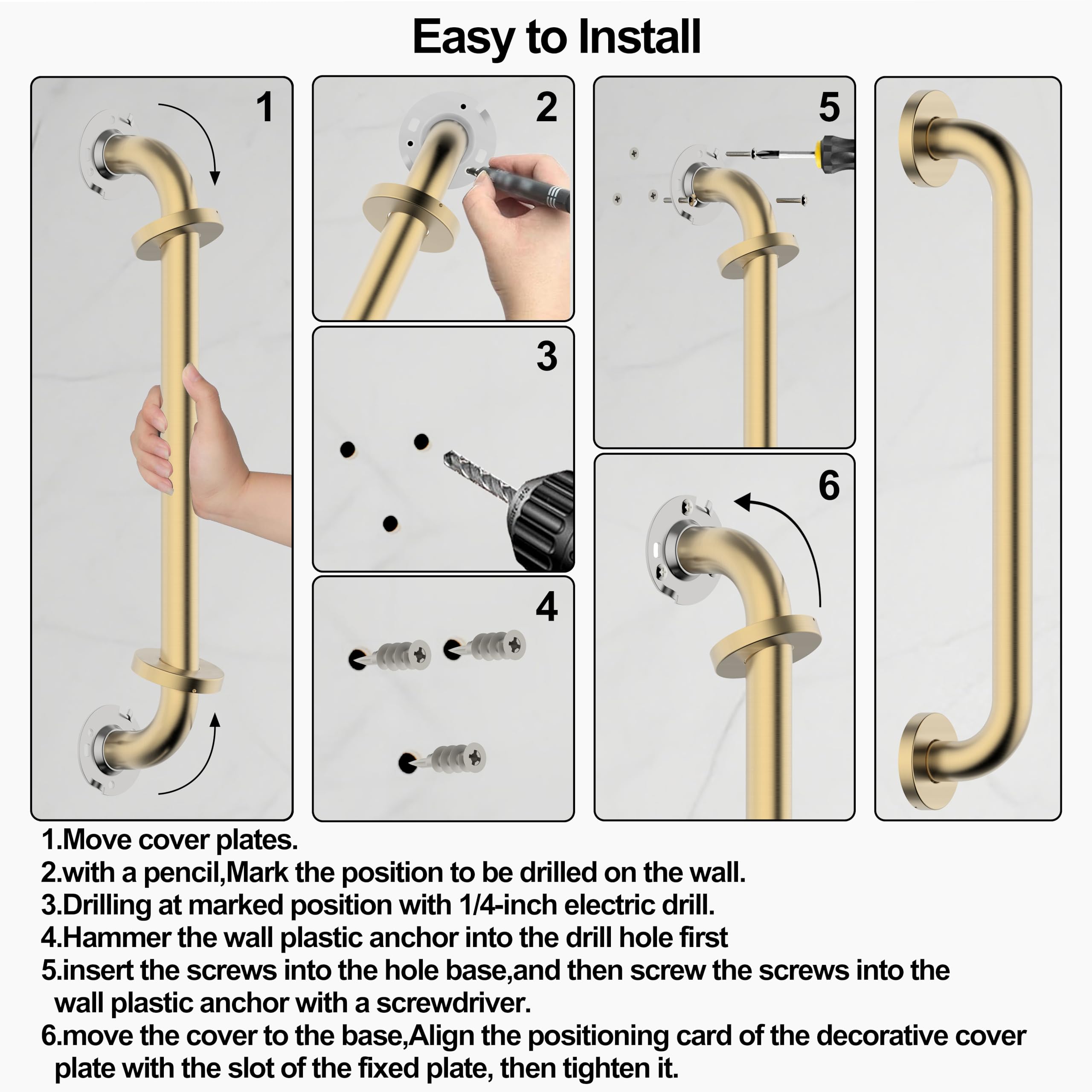 Barra di sostegno da 40,6 cm in acciaio inossidabile 304, antiscivolo, per bagno, bagno, doccia, WC, supporto per il bagno, per disabili, vasca da bagno, doccia, WC, GB-4023-BG, oro