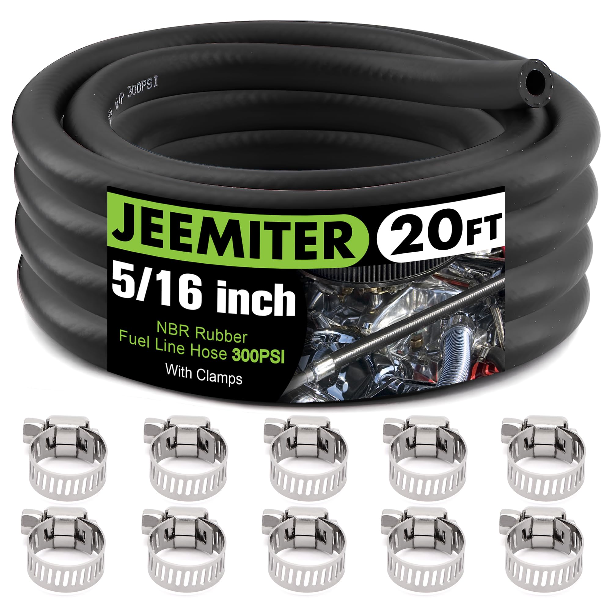 Jeemiter 5/16"(8mm) ID Fuel Line Hose 20FT SAE 30R7 with 10 Clamps