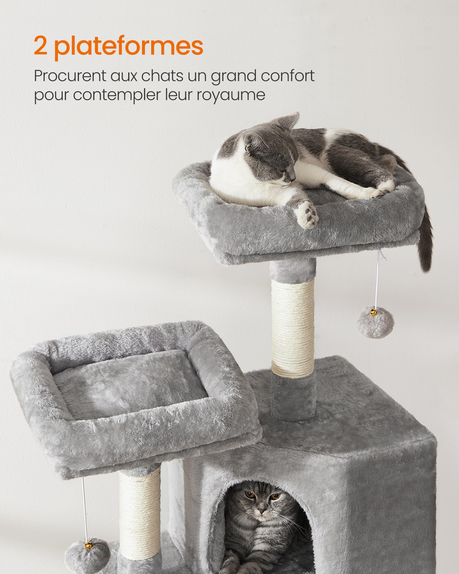 Feandrea Arbre à Chat, Tour poteaux à gratter 115 cm, Gris Clair PCT141W01