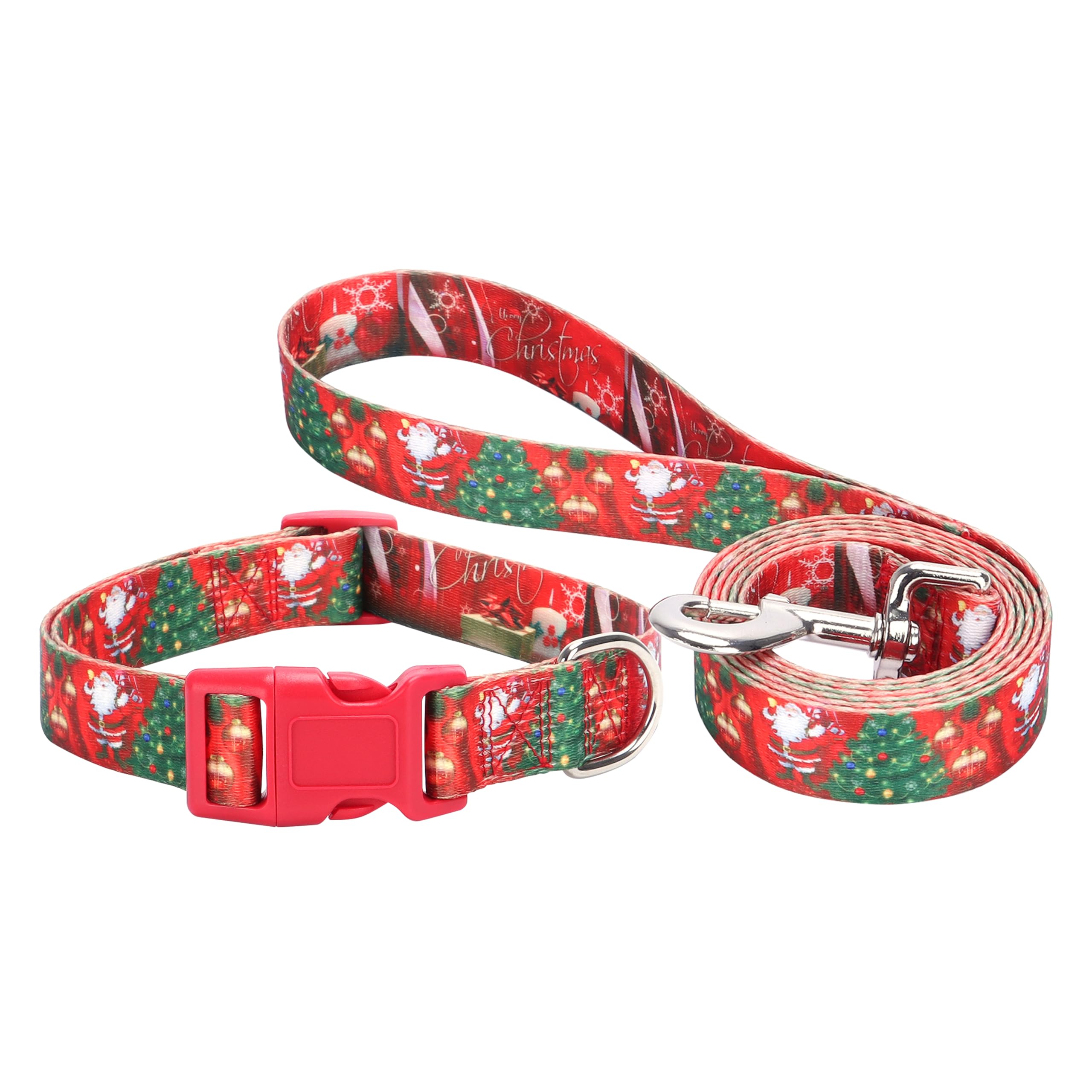 Christmas Dog Collar and Lead Matching Set - Adjustable Xmas Holiday Pet Accessory, Red Santa Tree Design
