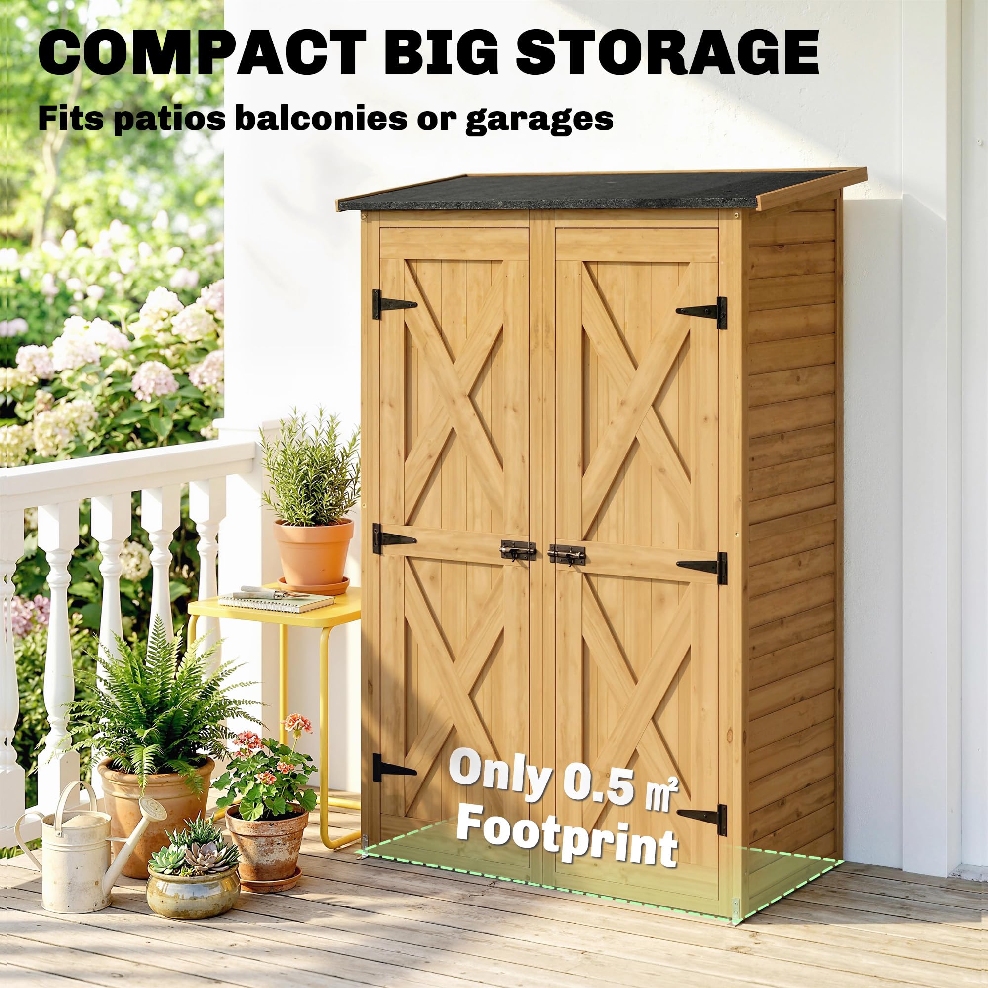 Outsunny Abri de Rangement en Bois, Cabane de Jardin avec 2 Étagères, Double Portes et Loquets, Armoire à Outils avec Toit Incliné pour Terrasse, Jardin, Garage, Marron
