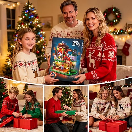 Miniatura 8 de Juego de construcción de fábrica de Navidad con luz, 2775 piezas de decoración de pueblo navideño para el hogar, kit de casa de vacaciones con árbol