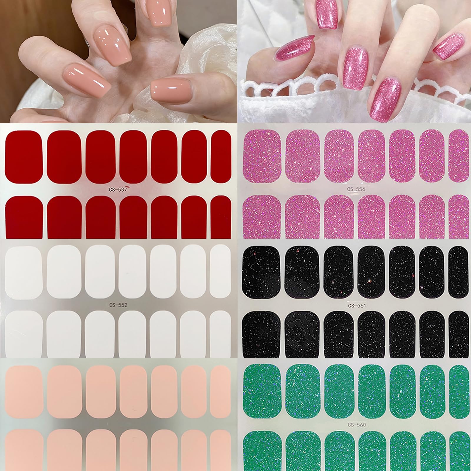 LRKNNO 6 Sheets Solid Color Gel Nail Strips Nail Wraps Glitter Solid Color Ge...