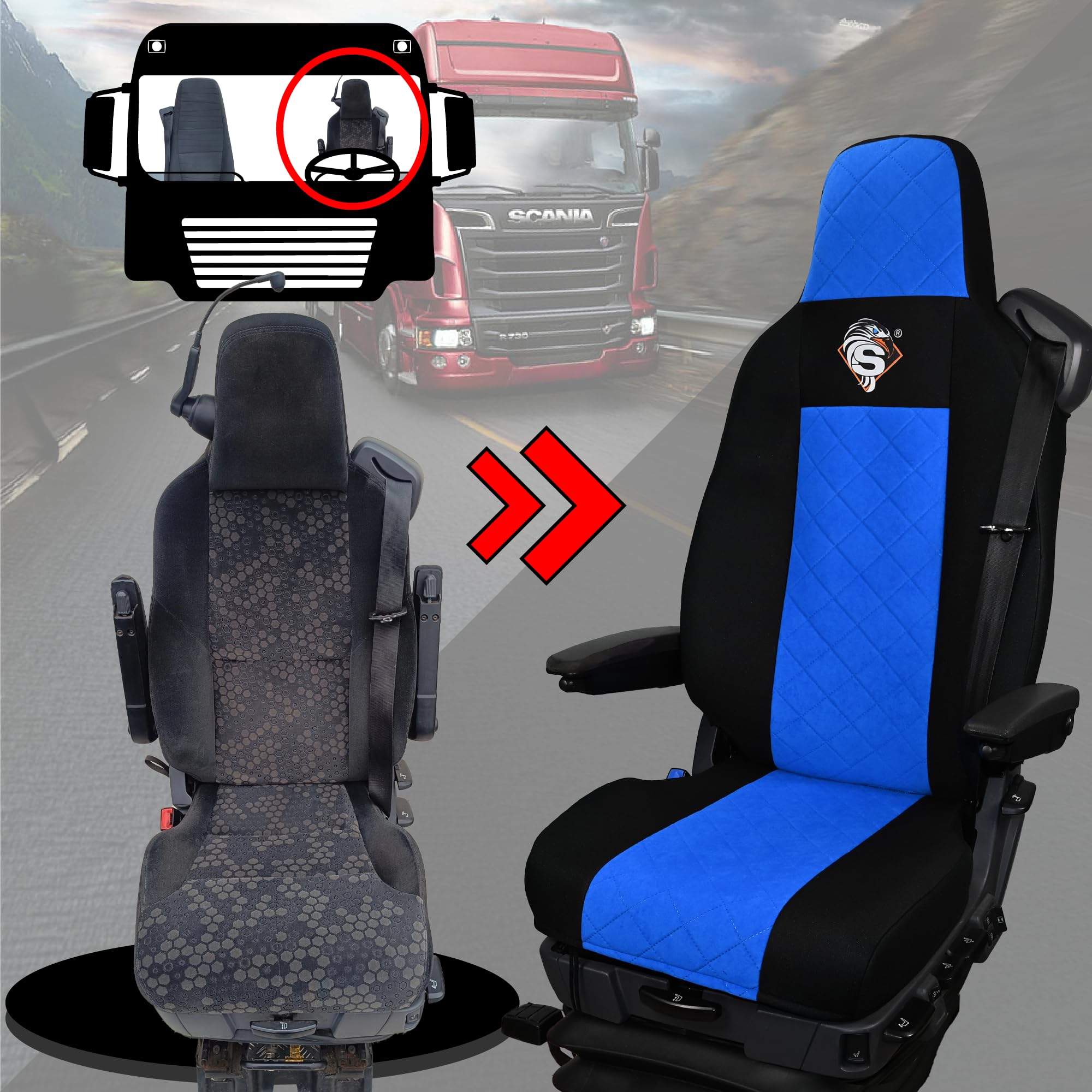 SABA Funda de Asiento para Scania Serie R Desde 2013, Serie S Desde 2017, Asientos Dobles, Asiento del Conductor Premium, Asiento del Pasajero BÁSICO - CONFIGURACIÓN E Azul