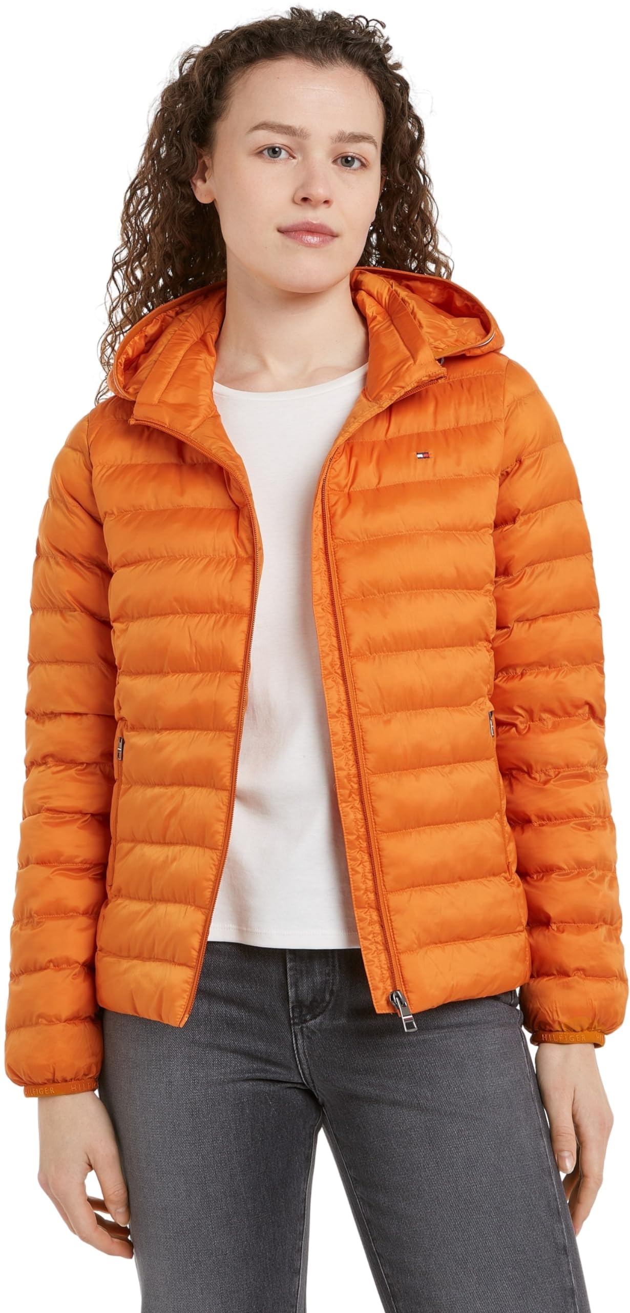 Tommy Hilfiger Women's Global Stripe Transitional Padded Jacket, Orange (Autumn Orange), XS