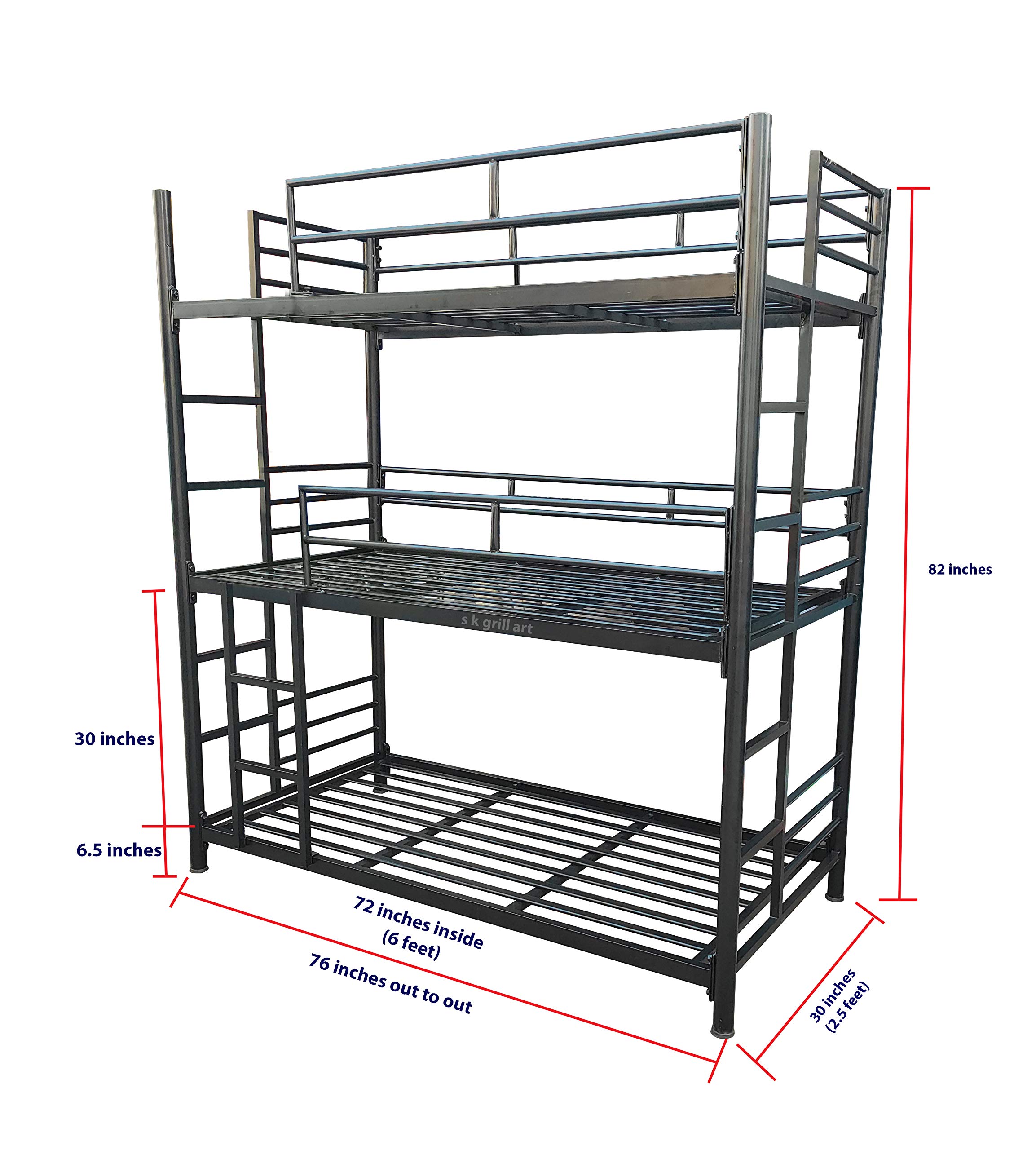 s k grill art Wrought Iron Three Floor bunk Bed Without Mattress (2.5 x 6 feet, Black Powder Coated)