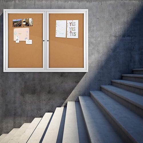 Miniatura 9 de INNOVART Tablón de anuncios cerrado de 480 x 358in tablero de anuncios de corcho con cerradura con marco de aluminio vitrina de pared con 2 puertas