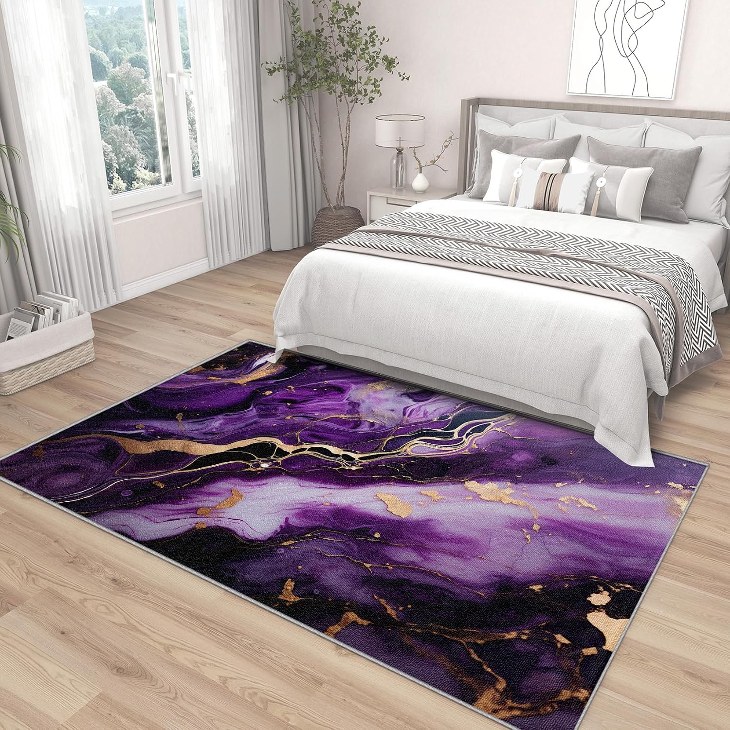 Abstract Rug 8x10 - Abstract Rug, 5x7 Rug, Marble Purple Gold White Area Rug, Luxury Modern Carpet, Washable & Non Slip & Soft Large Rugs, Abstract Home Decor Gifts