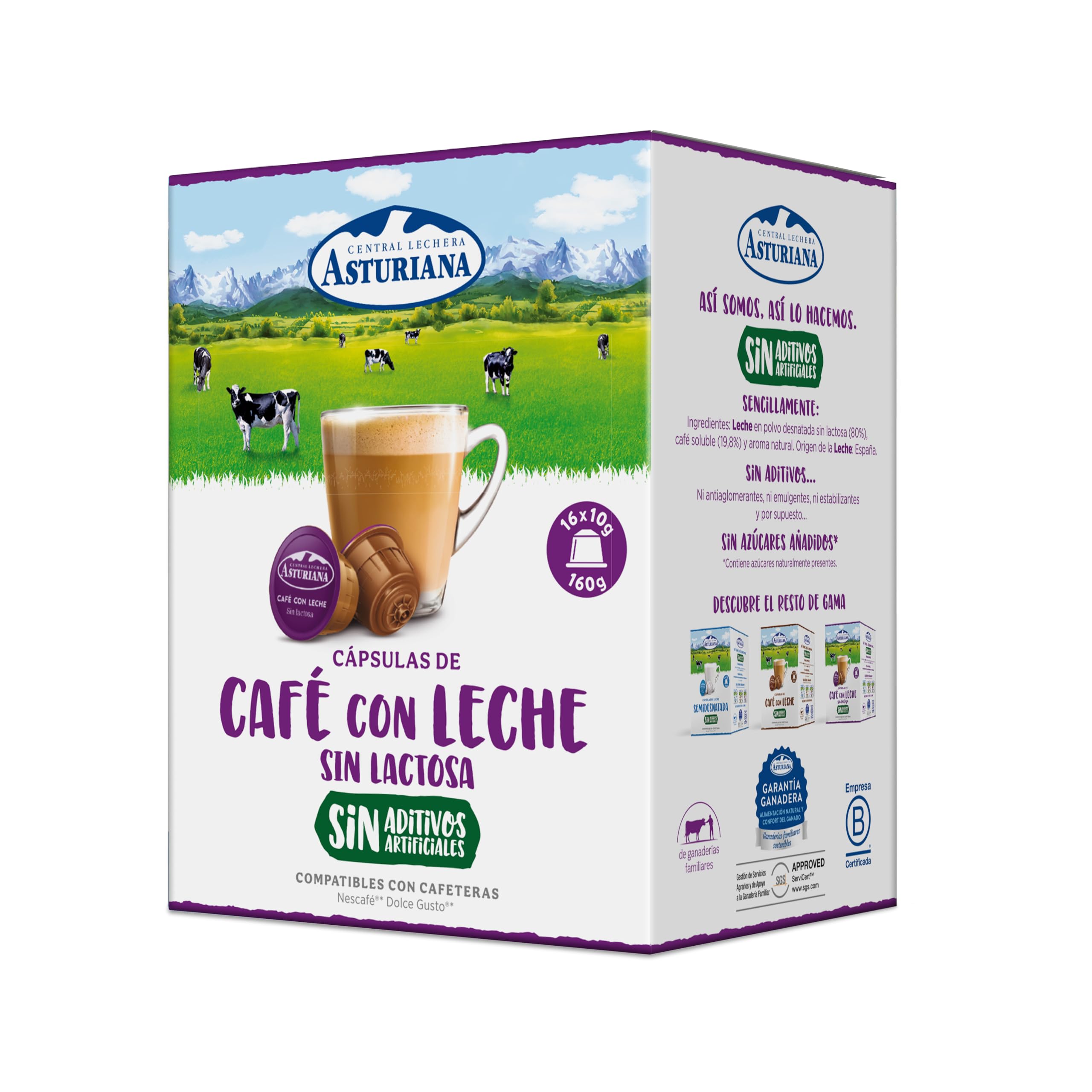 Central Lechera Asturiana Cápsulas de Café con Leche Desnatada Sin Lactosa, 4 x 16 cápsulas