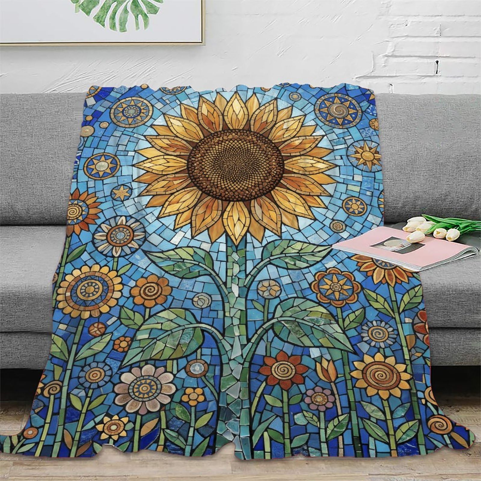 H3B8U2Y5 Blue Mosaic Sunflower Blanket, Flannel, Bedroom, Natural Plant Art