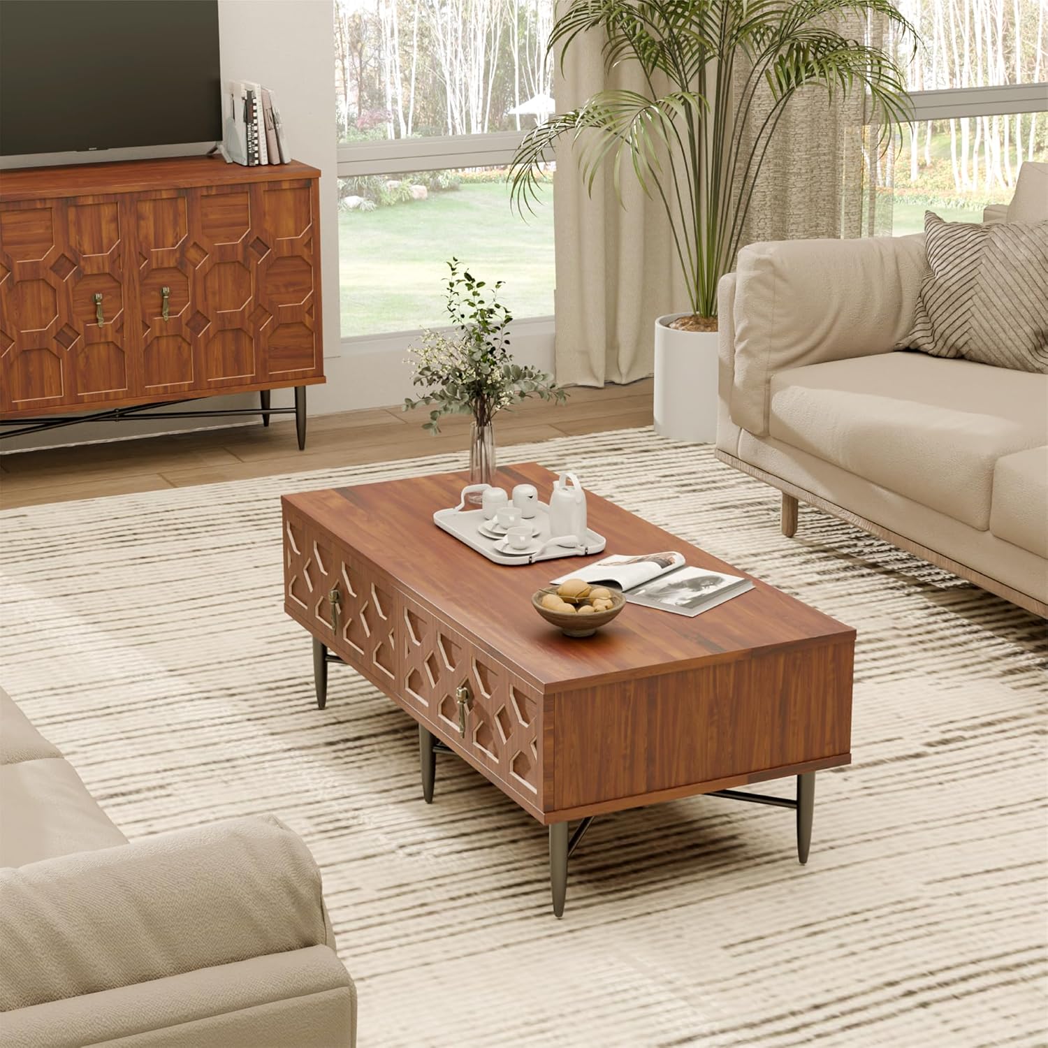 Farmhouse Coffee Table, Carved Decorative Center Table, Tea Table, Fluted Wooden Coffee Table with Storage for Living Room and Office. Walnut Brown