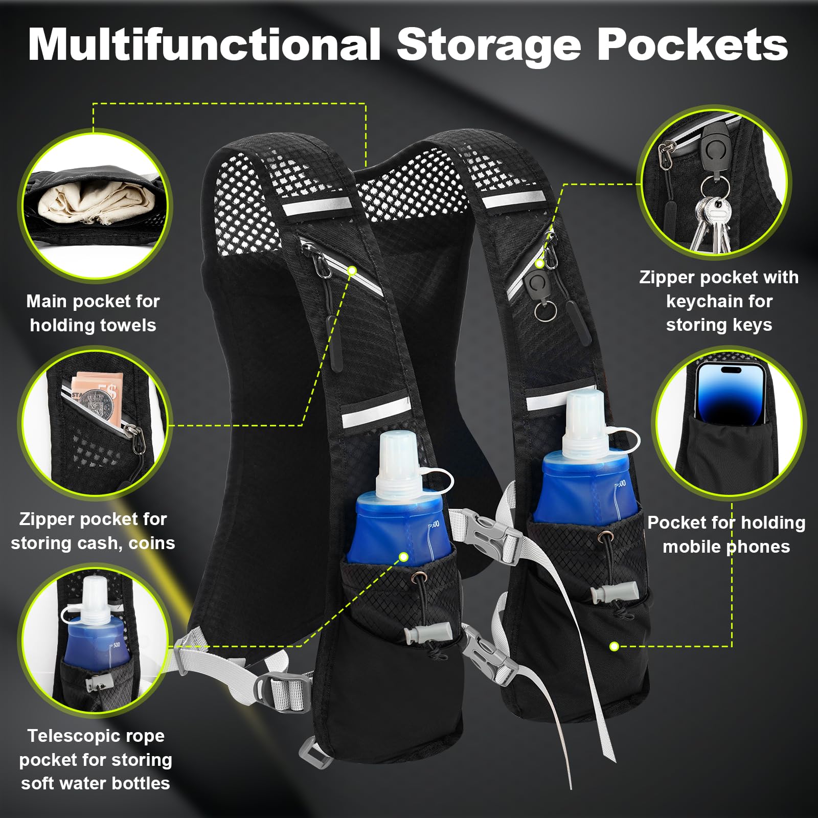 Chaleco de Hidratación para Mujeres y Hombres + 2 Soft Flask 500ml, Mochila de Hidratación Ligero con 7 Bolsillos, Mochila Ajustable para Correr Trail Running Ciclismo Marathoner