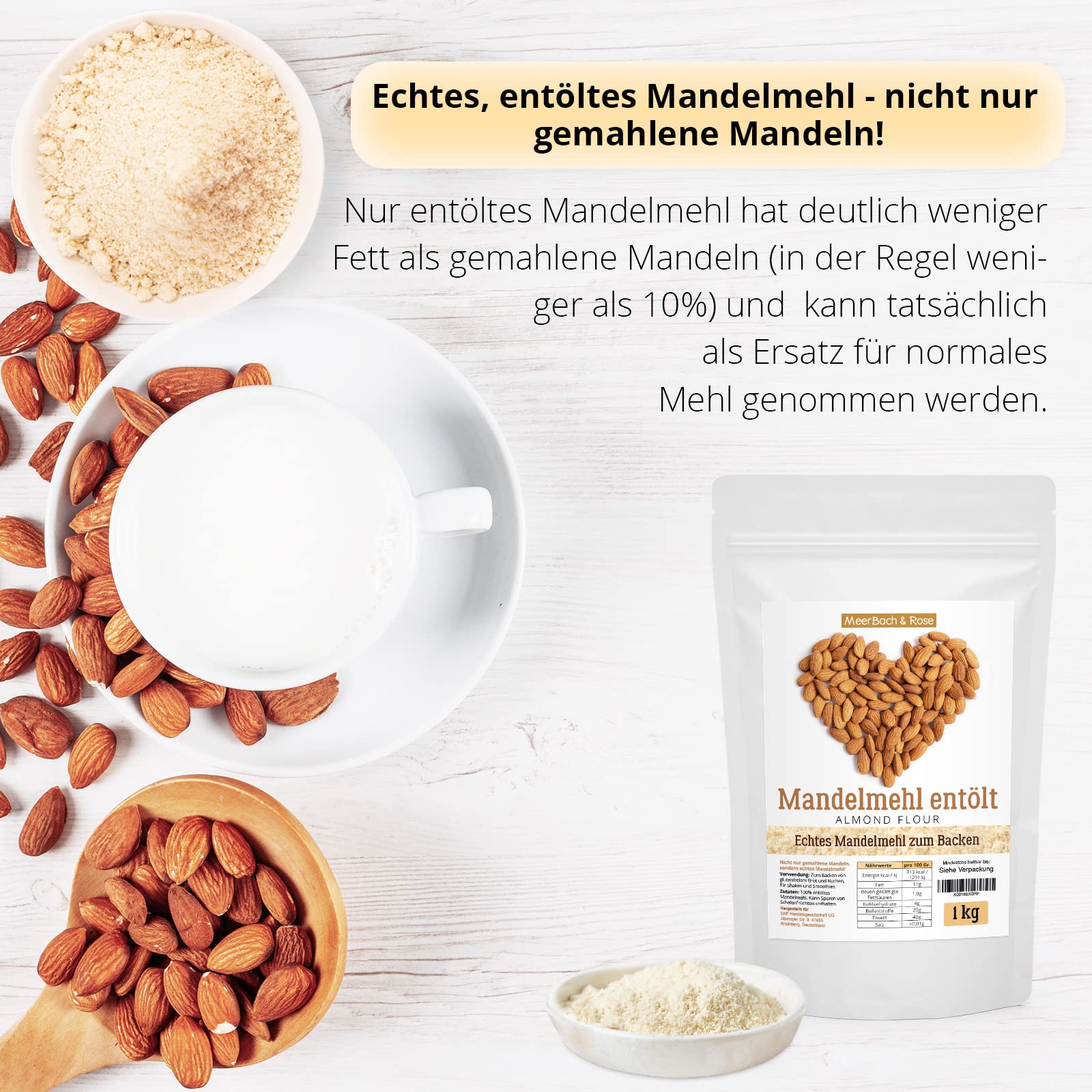 Mandelmehl entölt, 1kg echtes Mandelmehl aus spanischen Mandeln zum Backen, vegan und glutenfrei, 1kg proteinreiches Almond Flour
