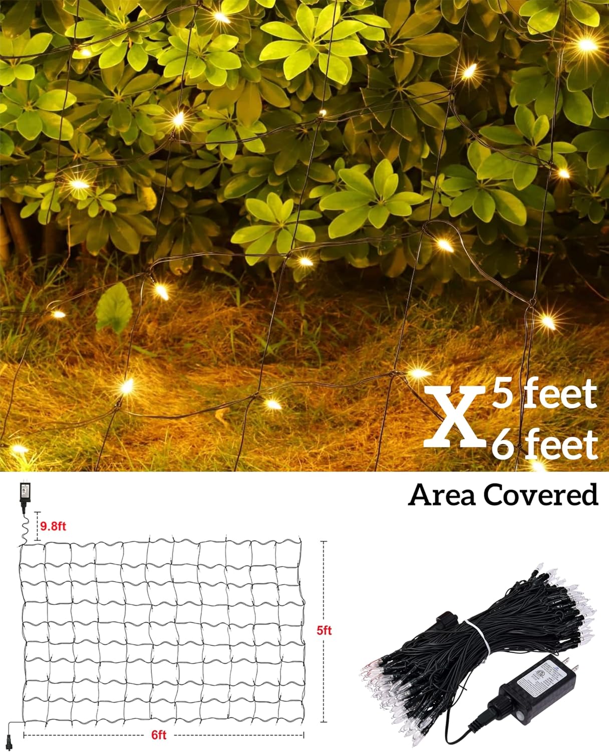 Led Christmas Net Lights Outdoor Connectable, 120LED 5ft x 6ft Waterproof 8 Modes Black Wire 29V Plug in Mesh Lights for Garden Yard Bushes Trunk Tree Decor