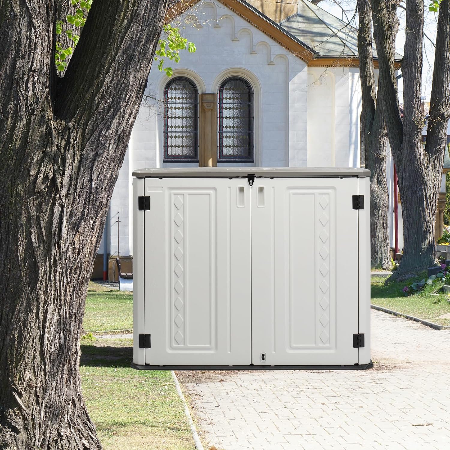 Outvita Outdoor Horizontal Storage Sheds, 34 Cu Ft Weather Resistant Resin Tool Shed, Multi-Opening Door Waterproof & Lockable for Storage of Bike, Trash Cans, Garden Tools, Lawn Mowers