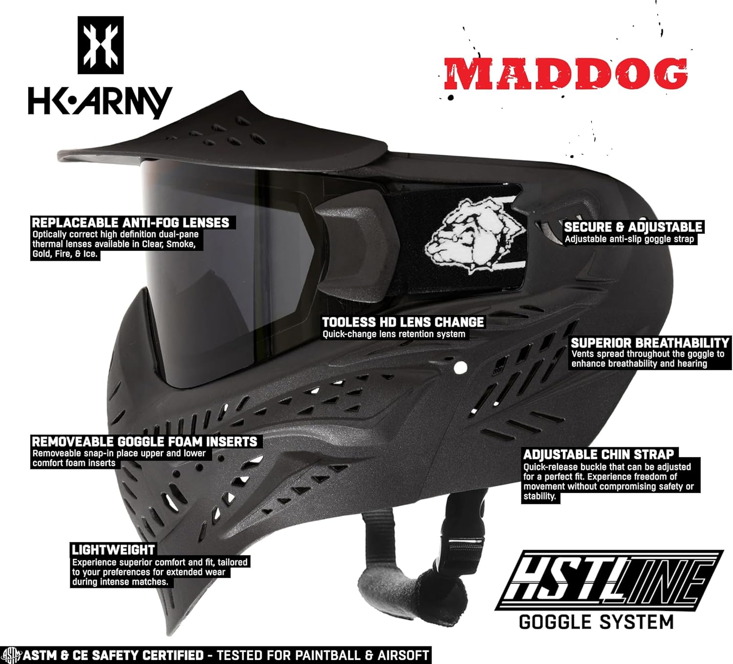 Maddog HK Army HSTL Paintball Airsoft Mask Goggle System | Replaceable Thermal Dual-Pane Anti Fog Lens | Adjustable Full-Face Safety Certified Protection