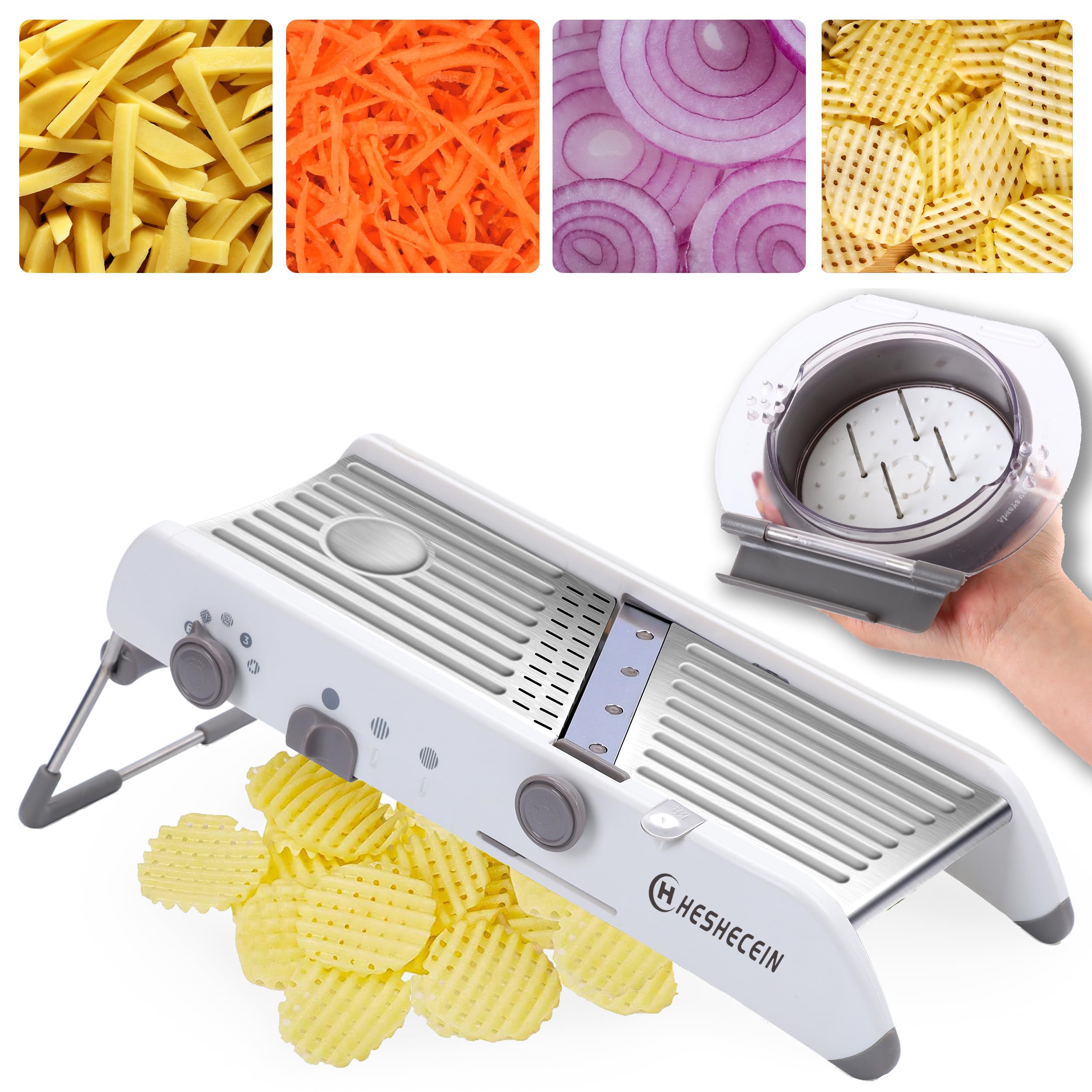 16-In-1 Safe Mandoline Slicer for Kitchen,Stainless Steel Vegetable Chopper - Mandoline Food Slicer,Vegetable Slicer,Mandolin,Veggie Chopper with Waffle Maker| French Fry Cutter(WHITE)