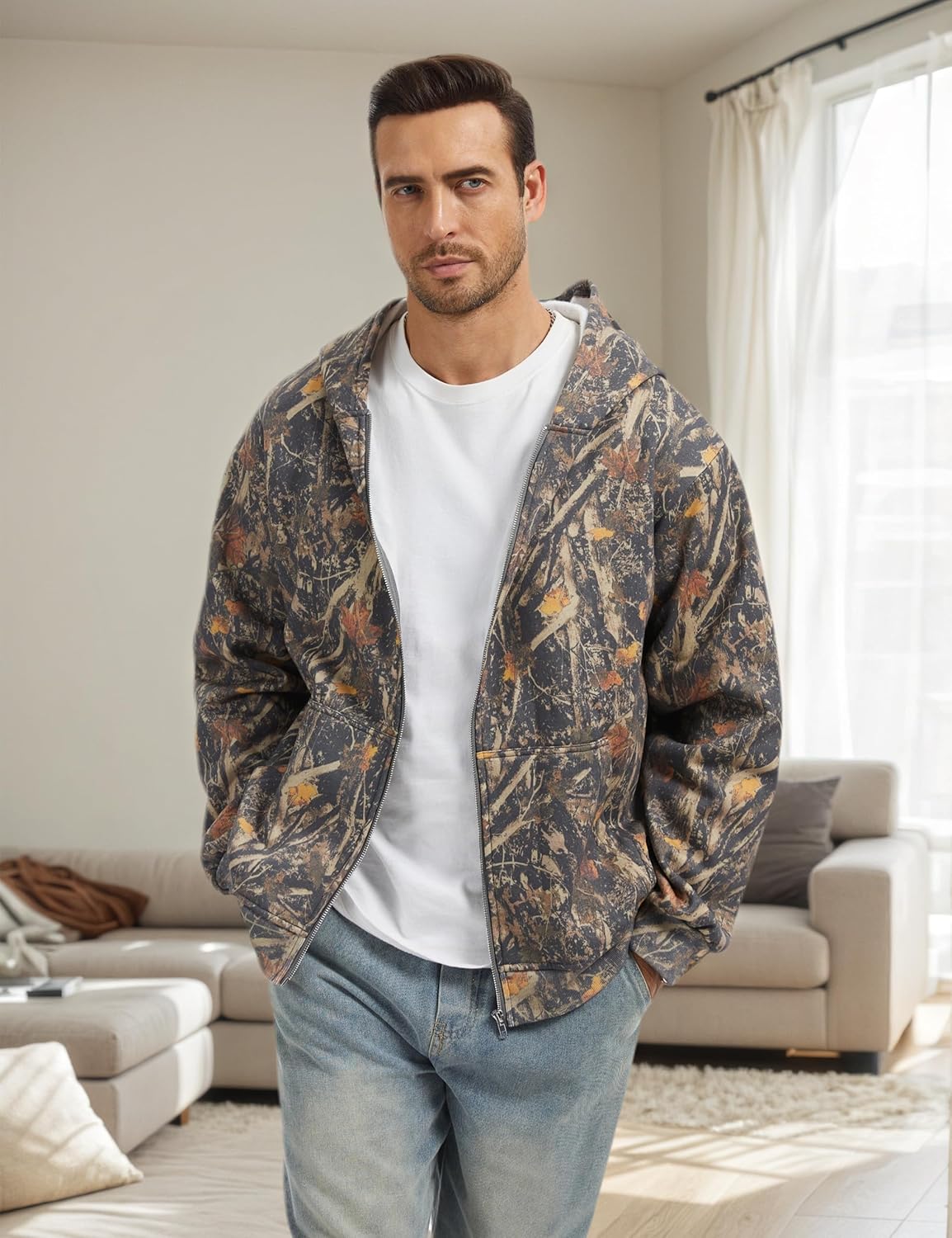 Camo Zip up Hoodie Men Full-Zip Fleece Hoodies Oversized Hooded Sweatshirts Maple Leaf Print Long Sleeve Sweatshirt - Image 5